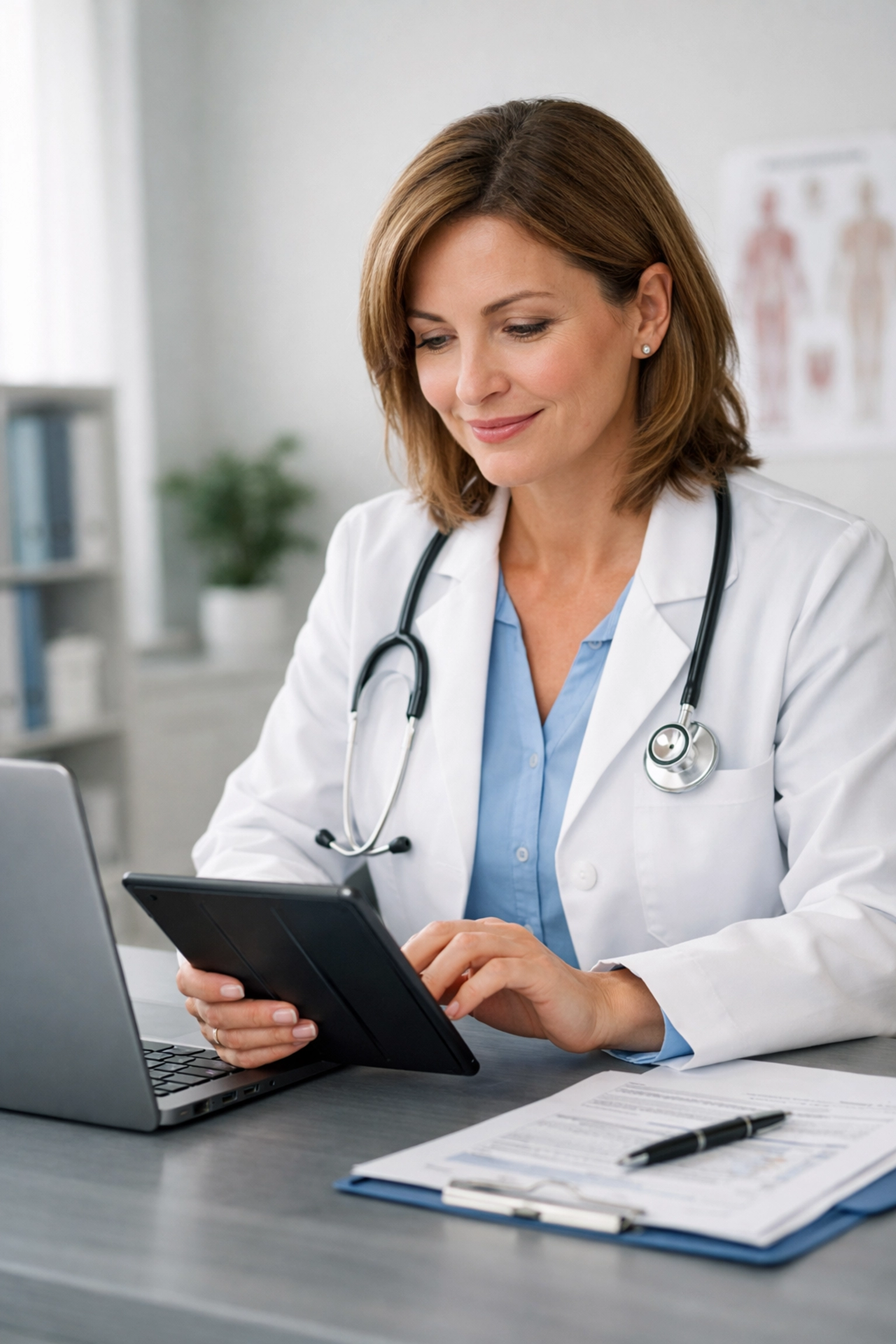 Female physician providing text-based medical consultation through telehealth platform