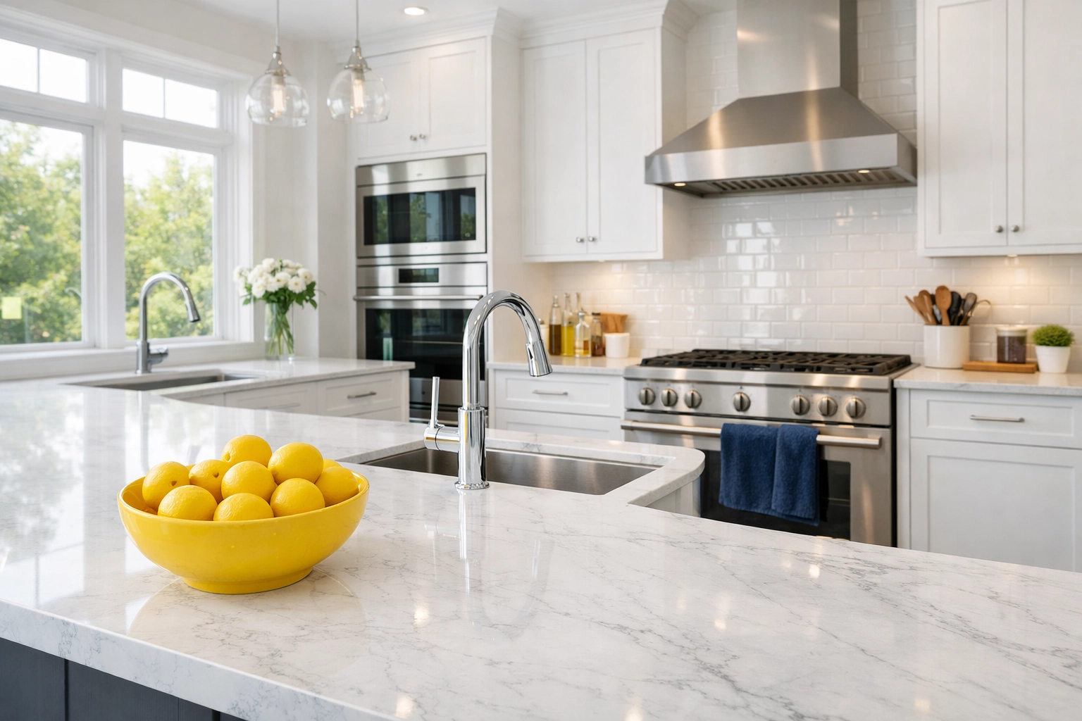 Pristine white modern kitchen in Massachusetts, perfectly prepared by weekly house cleaning in Westborough professionals.