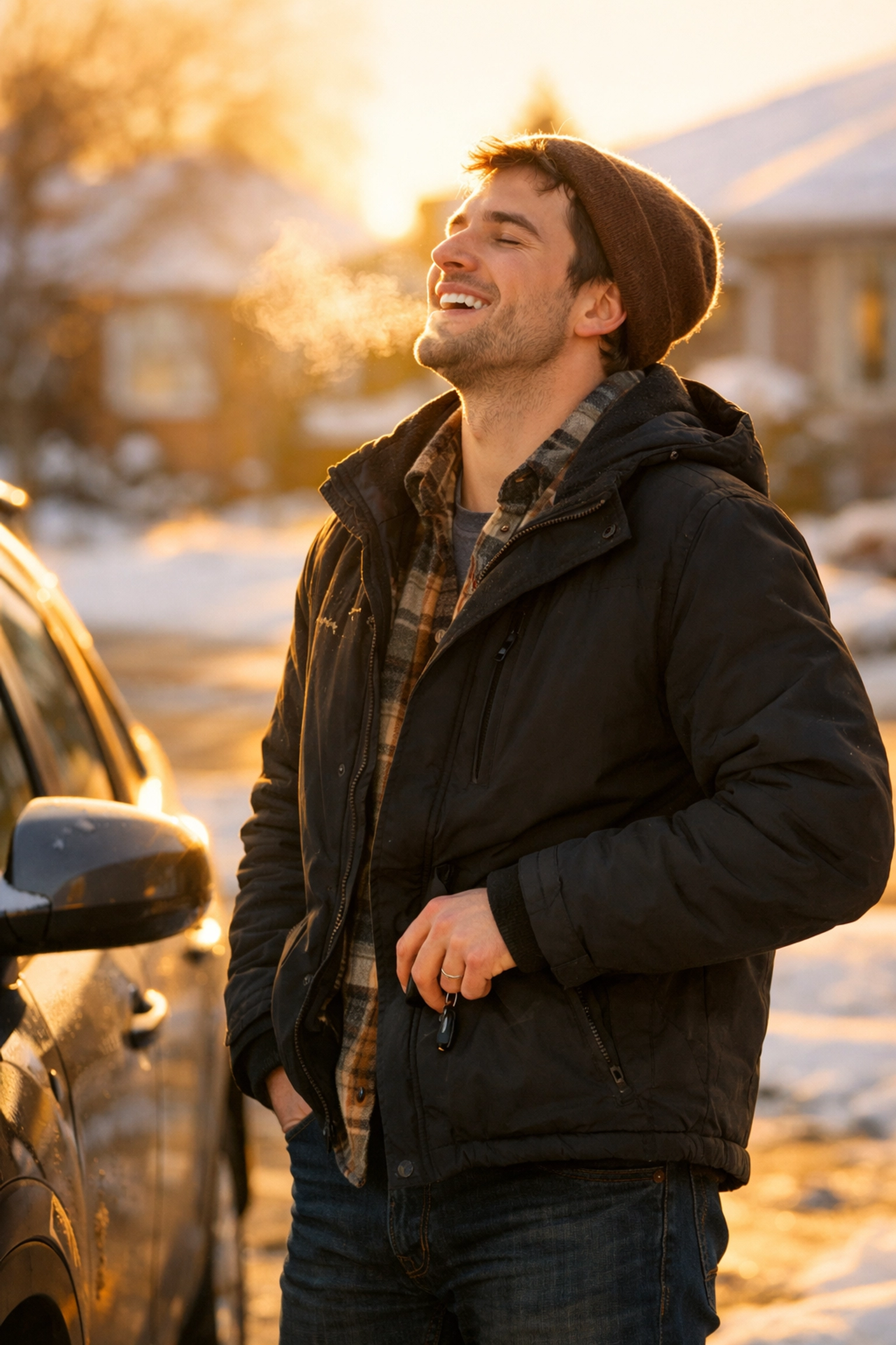Relieved man by his car after securing an emergency loan canada for urgent vehicle repairs.