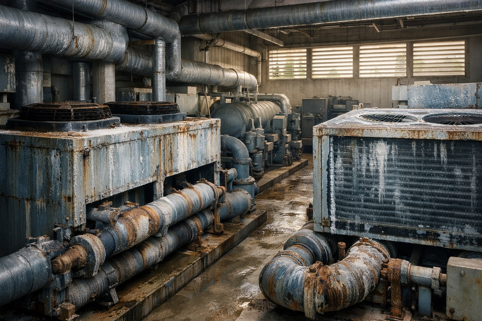 Commercial HVAC equipment in Maui resort mechanical room showing salt air corrosion damage