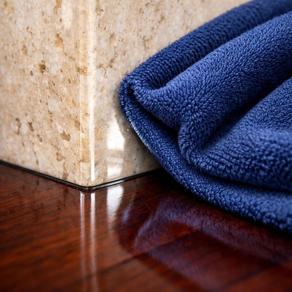 Detail-oriented residential cleaning in Massachusetts for luxury mahogany flooring and travertine stone surfaces.