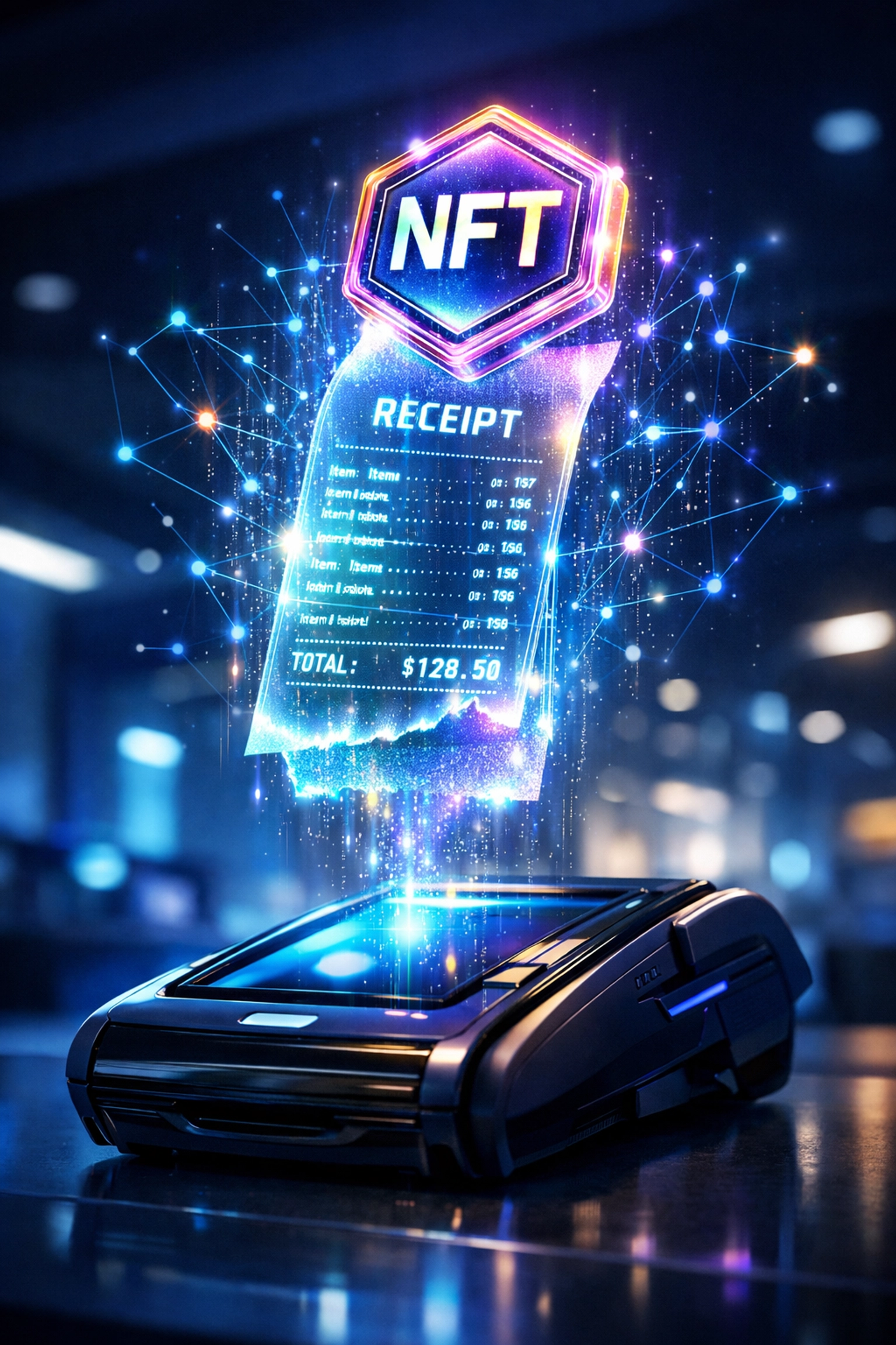 Holographic NFT receipt floating above a crypto POS terminal showing blockchain-based transaction tracking