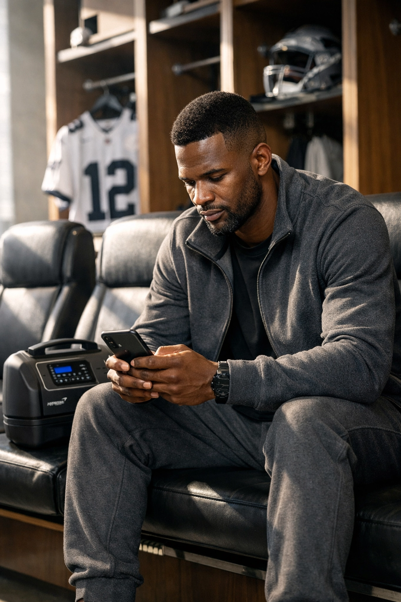 Professional football player using a smartphone in a locker room, illustrating authentic NIL brand engagement.