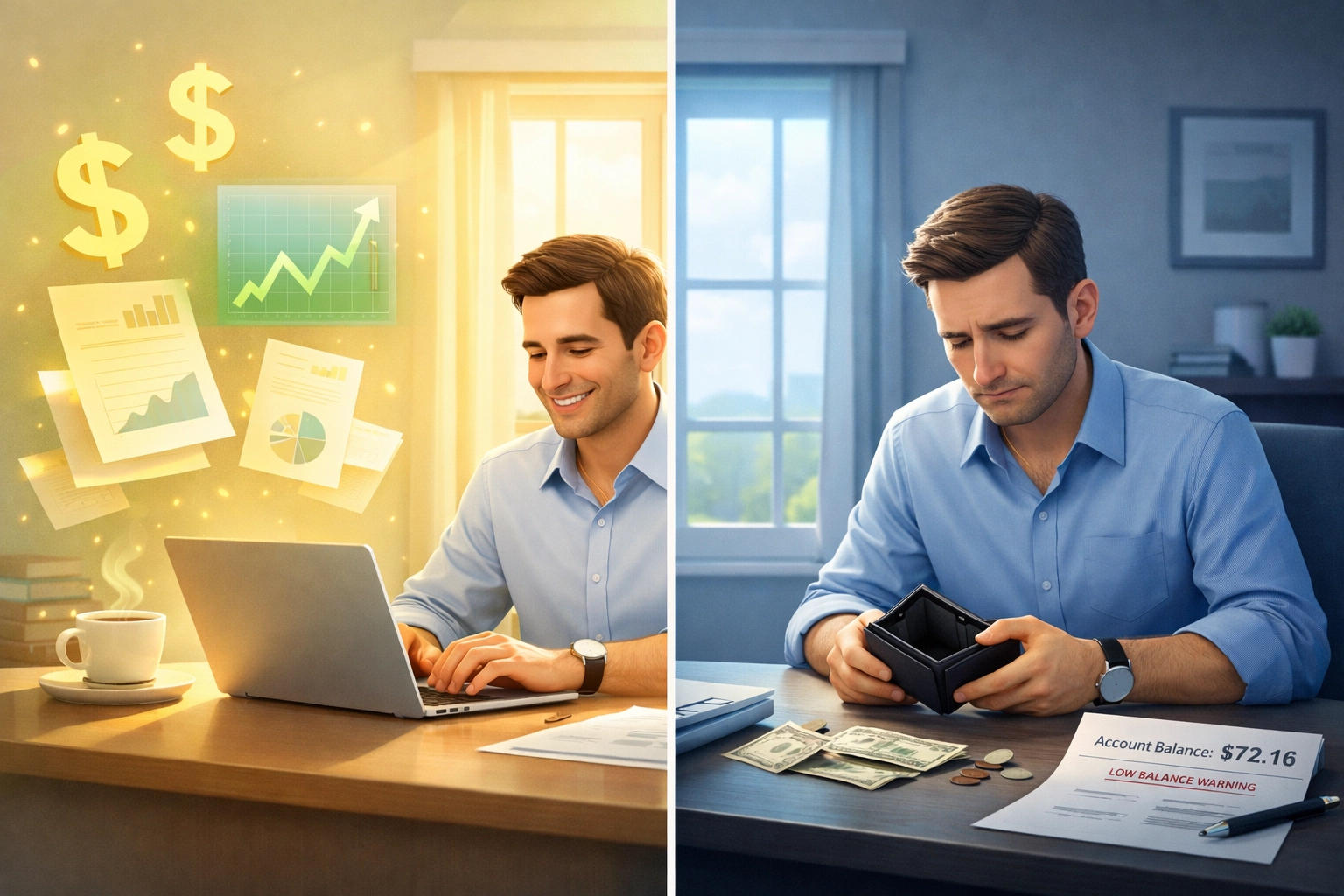 Small business owner's profitable P&L versus empty bank account cash flow reality