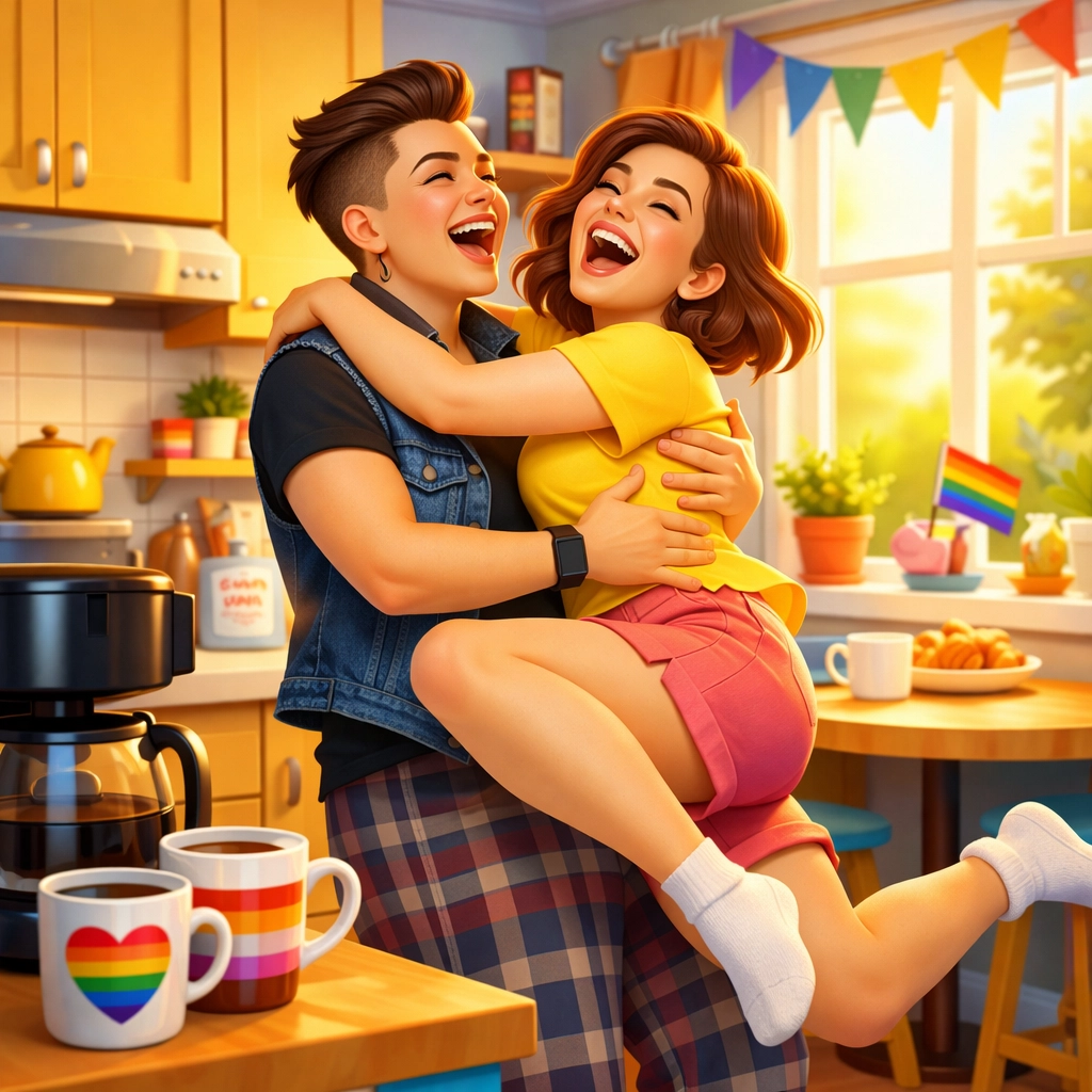A diverse lesbian couple dancing in a kitchen, celebrating authentic queer joy and happiness.