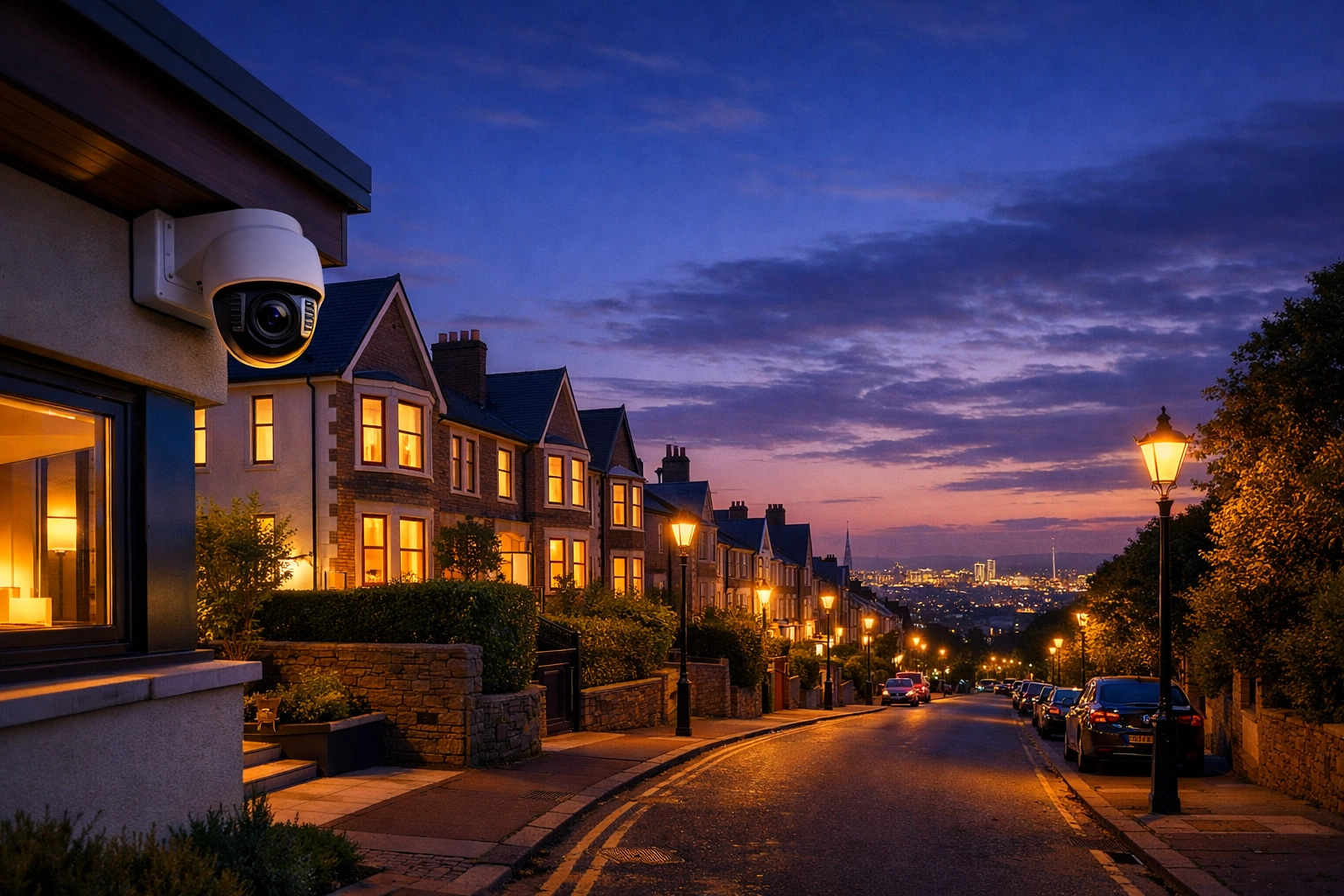 A quiet residential street in Cardiff at twilight with a visible security camera protecting a home.