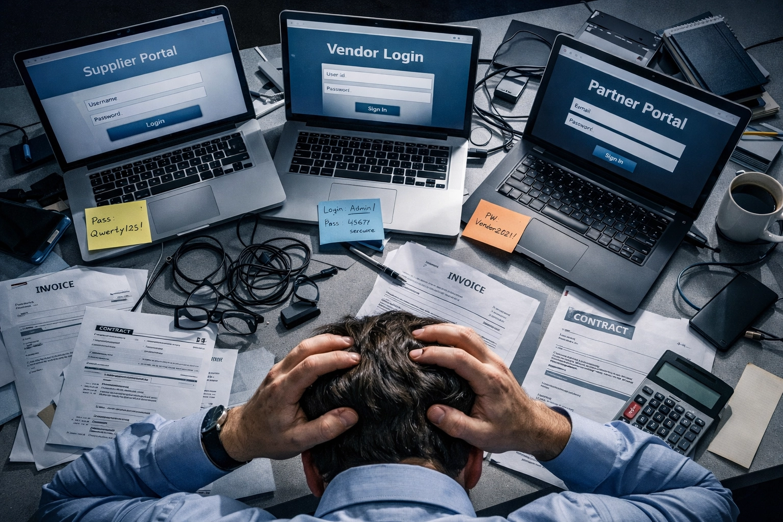 IT manager overwhelmed by multiple vendor portals and contracts showing vendor sprawl complexity