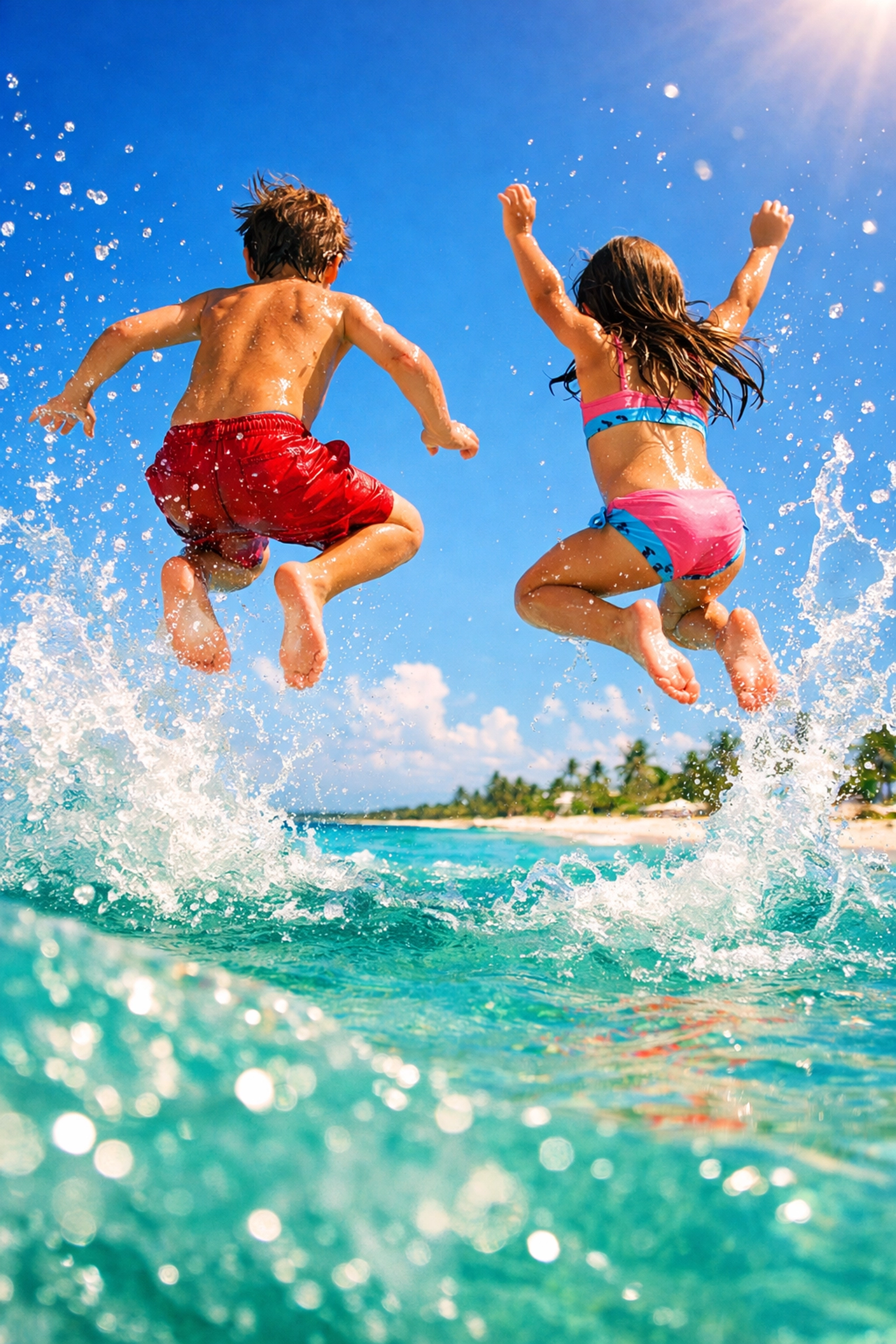Children jumping into turquoise waves in Cancun, capturing high-action family vacation photos at the beach.