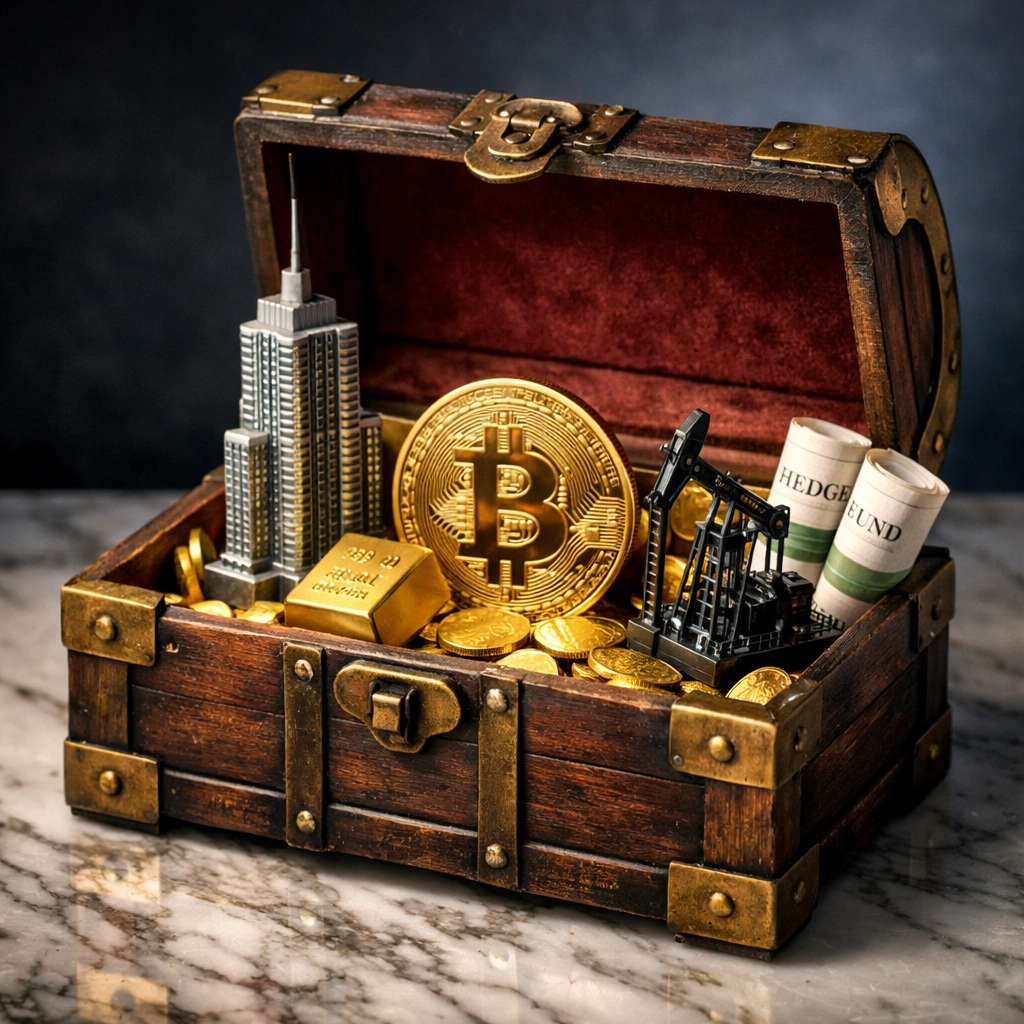 Alternative investment assets including Bitcoin, real estate, gold, and commodities in portfolio