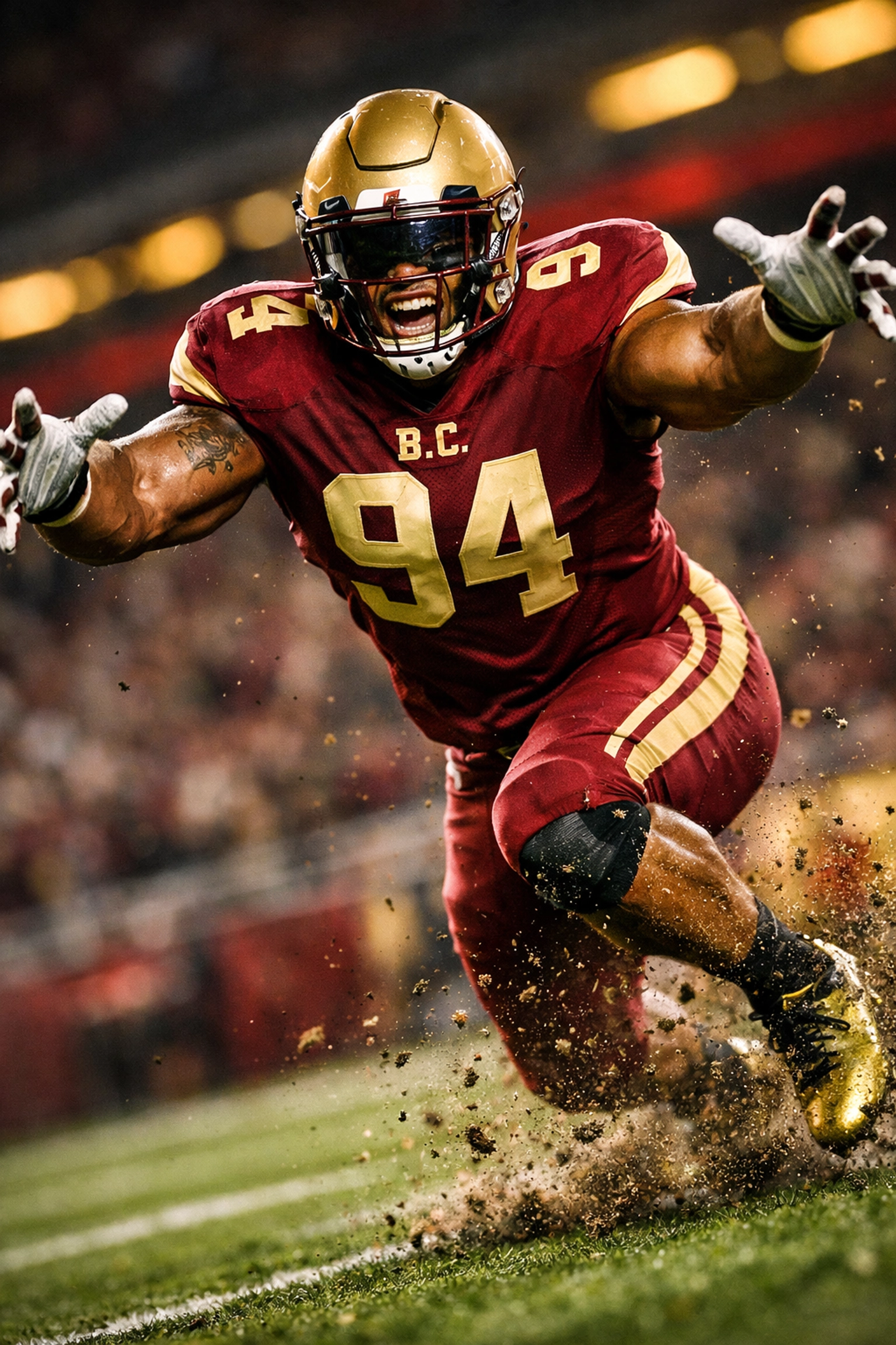 Boston College defensive end in pass rush stance wearing maroon and gold uniform