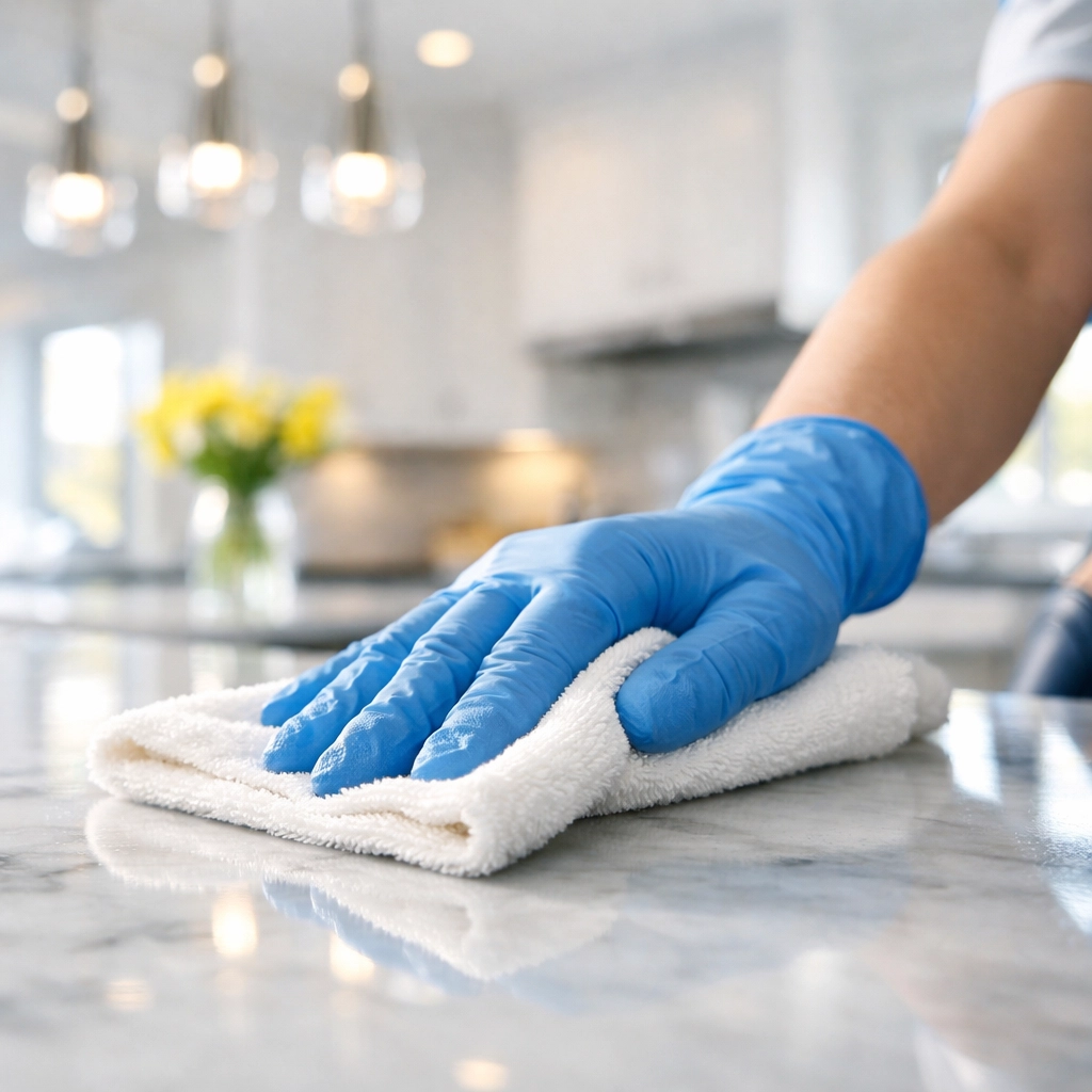 Close-up of a professional deep cleaning Wellesley MA expert wiping a stone countertop with a microfiber cloth.