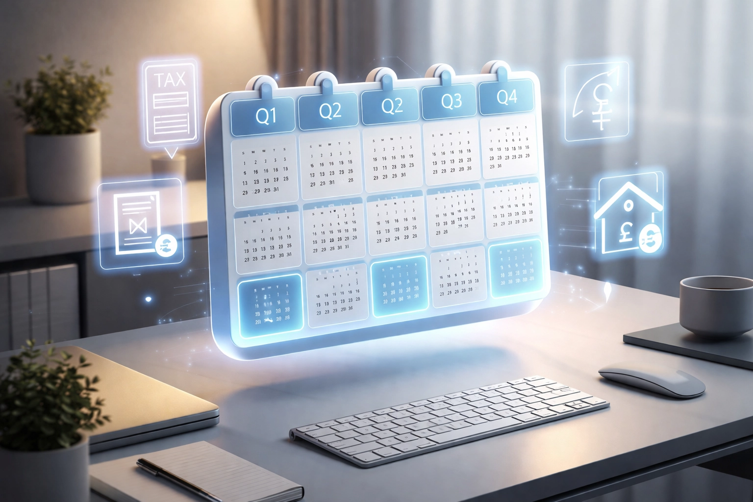 Digital calendar showing quarterly MTD for Income Tax submission deadlines with tax and property icons