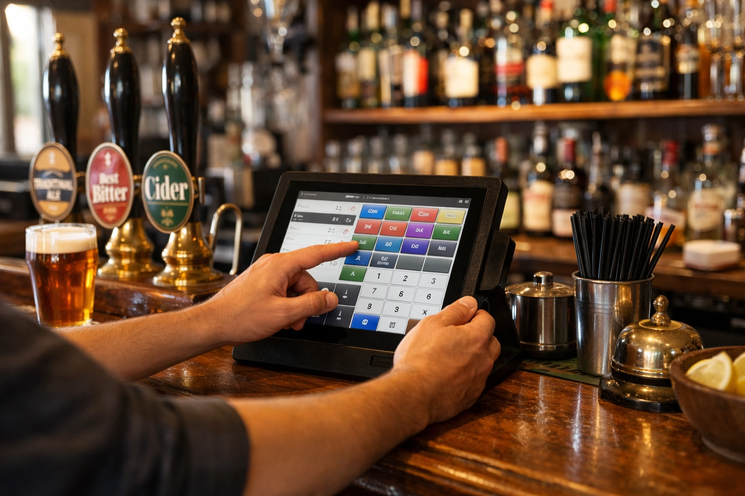 Traditional British pub bar with tablet-based POS system and beer pumps