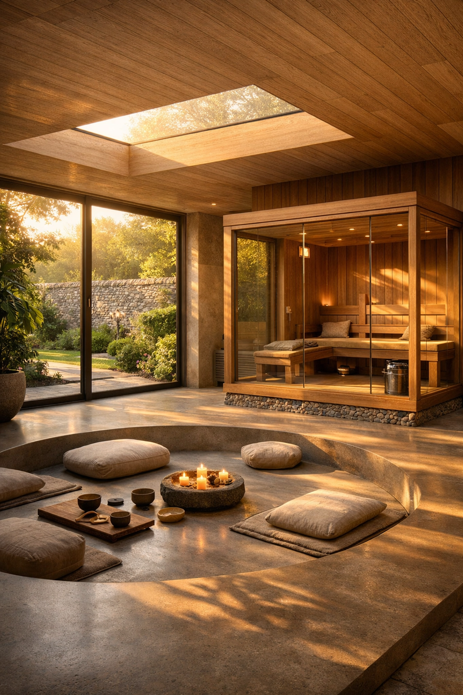 Interior of a luxury garden wellness room featuring a cedar sauna and spa design.