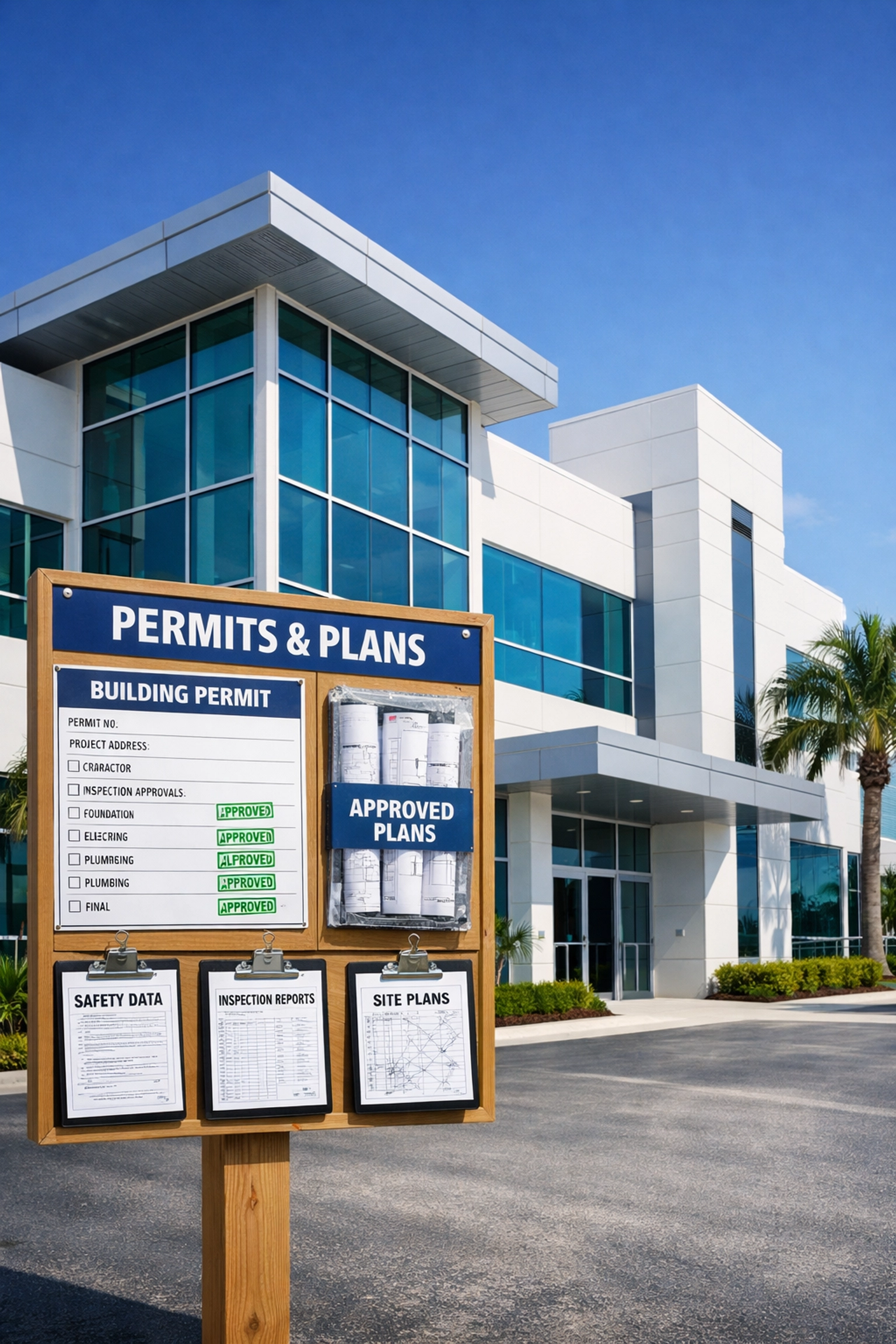 A posted Florida building permit board in front of a modern commercial construction project under a clear sky.