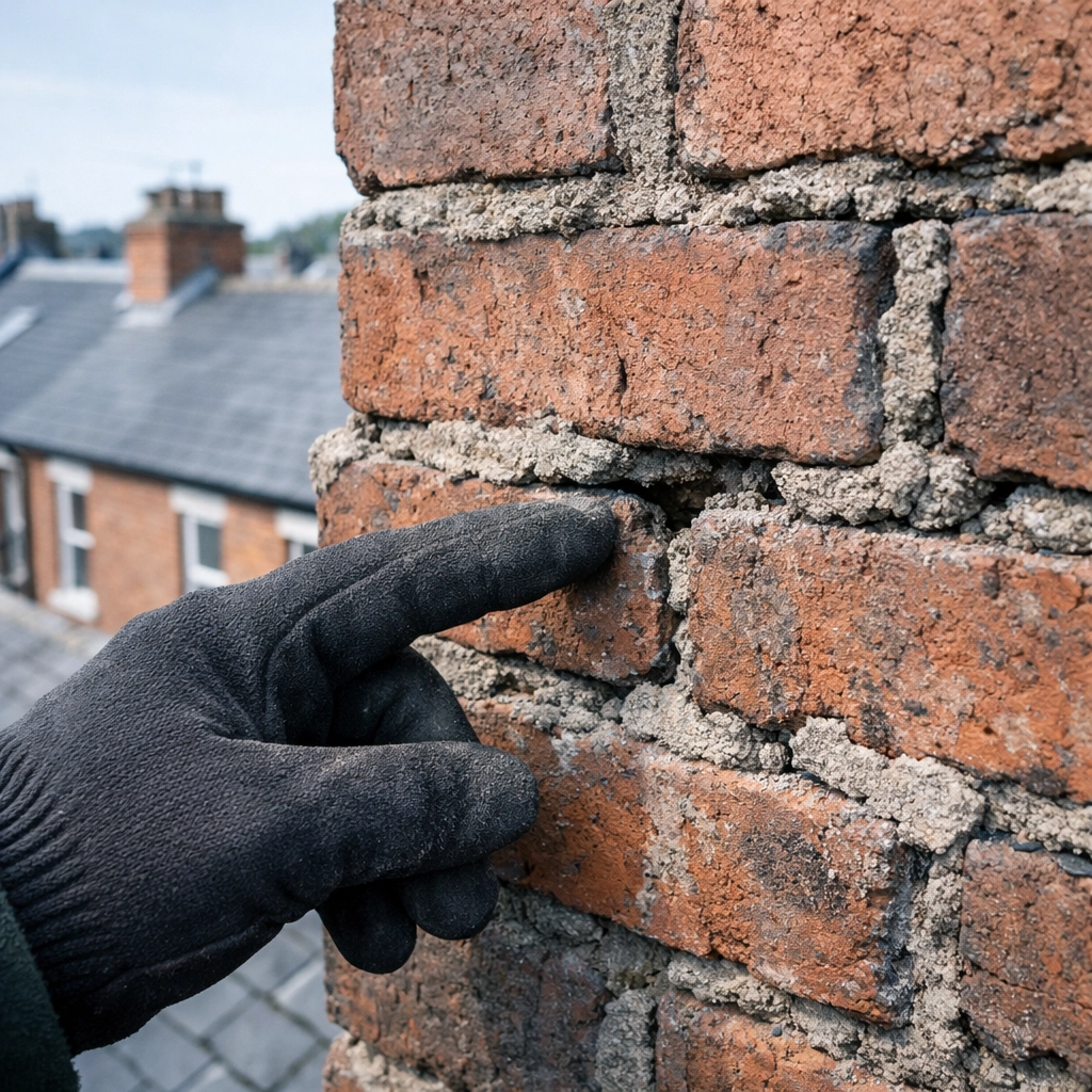 Professional roofer inspecting deteriorating chimney pointing with crumbling mortar joints
