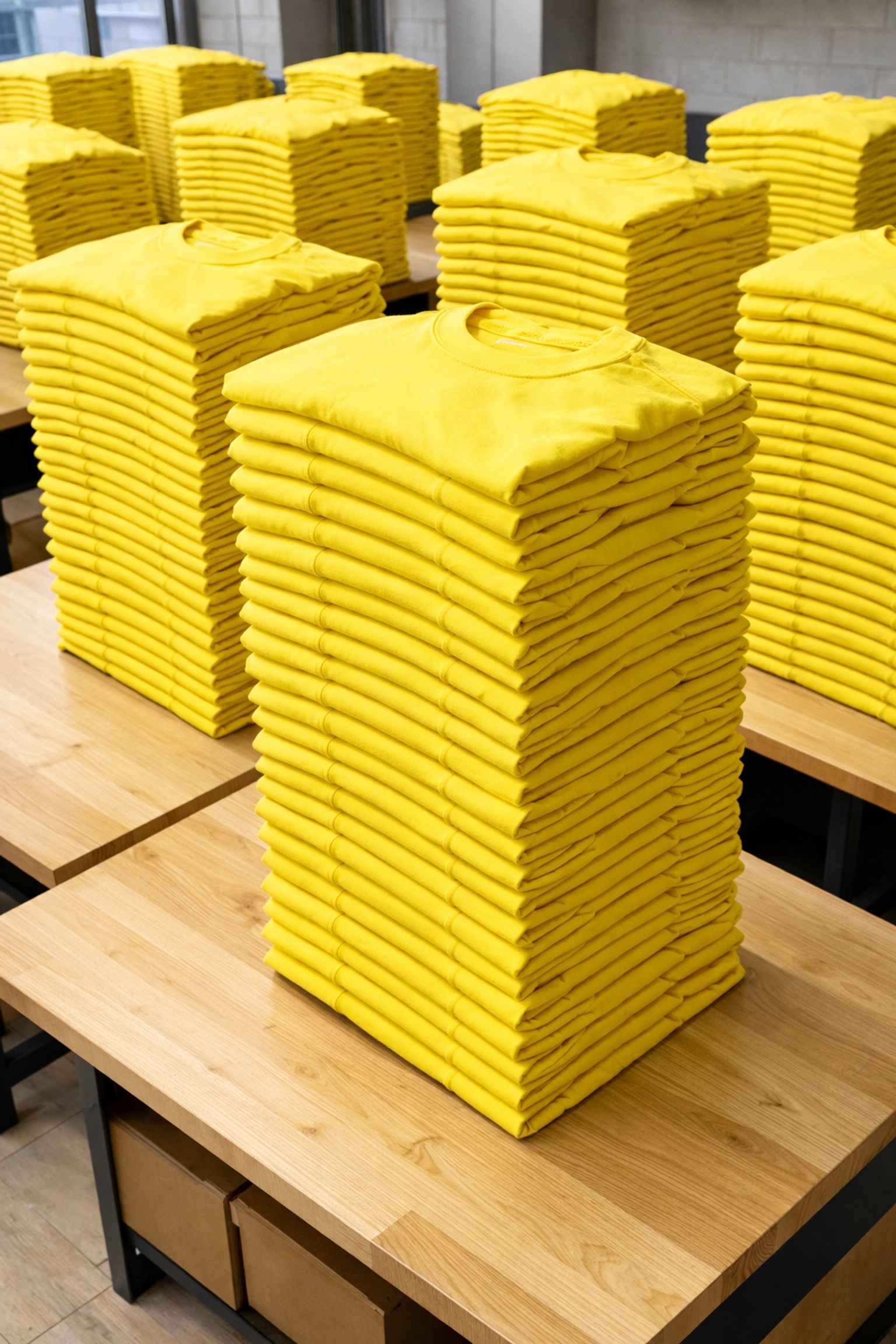 Large order of safety yellow bulk custom t shirts neatly stacked for a consistent crew appearance.