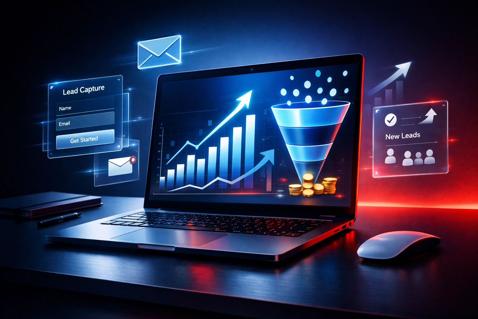 Lead generation dashboard showing website analytics and conversion tracking for small businesses