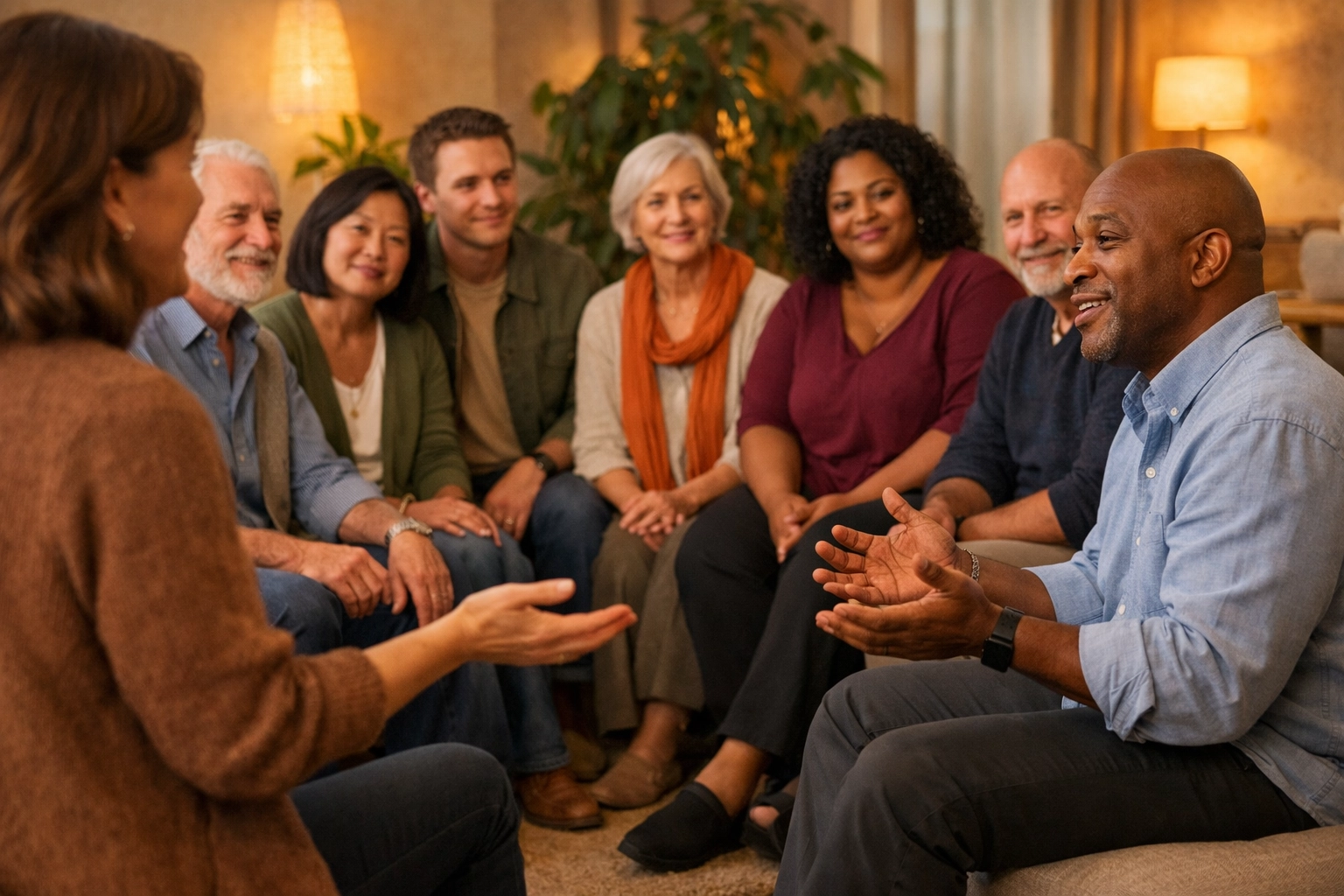 Professional facilitator guiding a diverse leadership group in a circular retreat to build psychological safety.