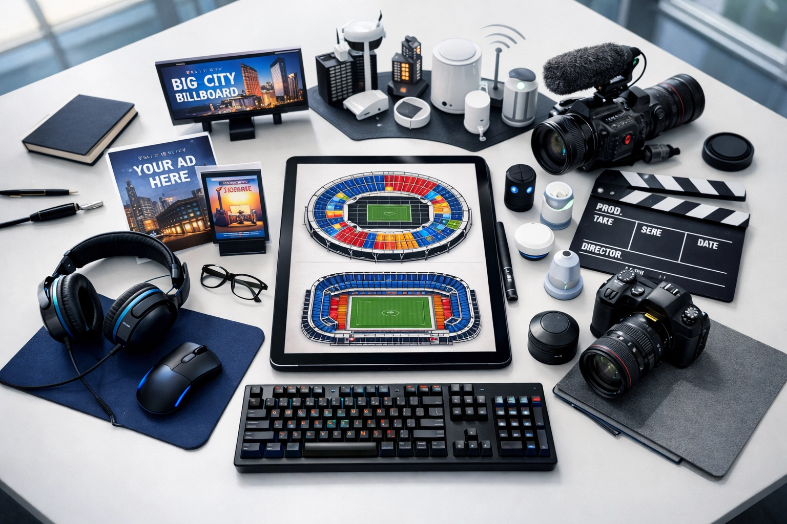 Integrated media solutions workspace showing sports, advertising, esports, and IoT technology elements