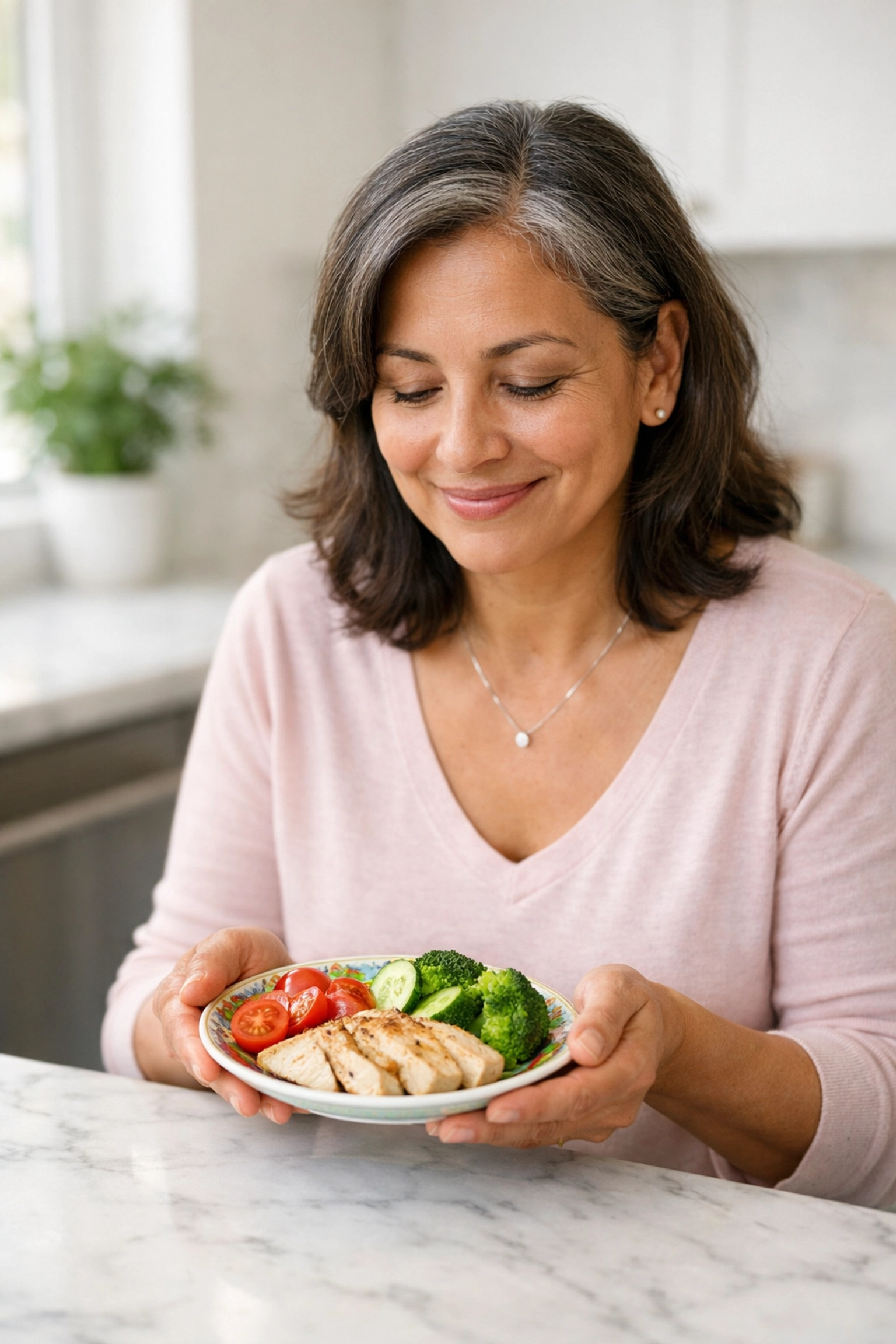 A woman enjoying a healthy meal, representing appetite control and lifestyle changes with Semaglutide.