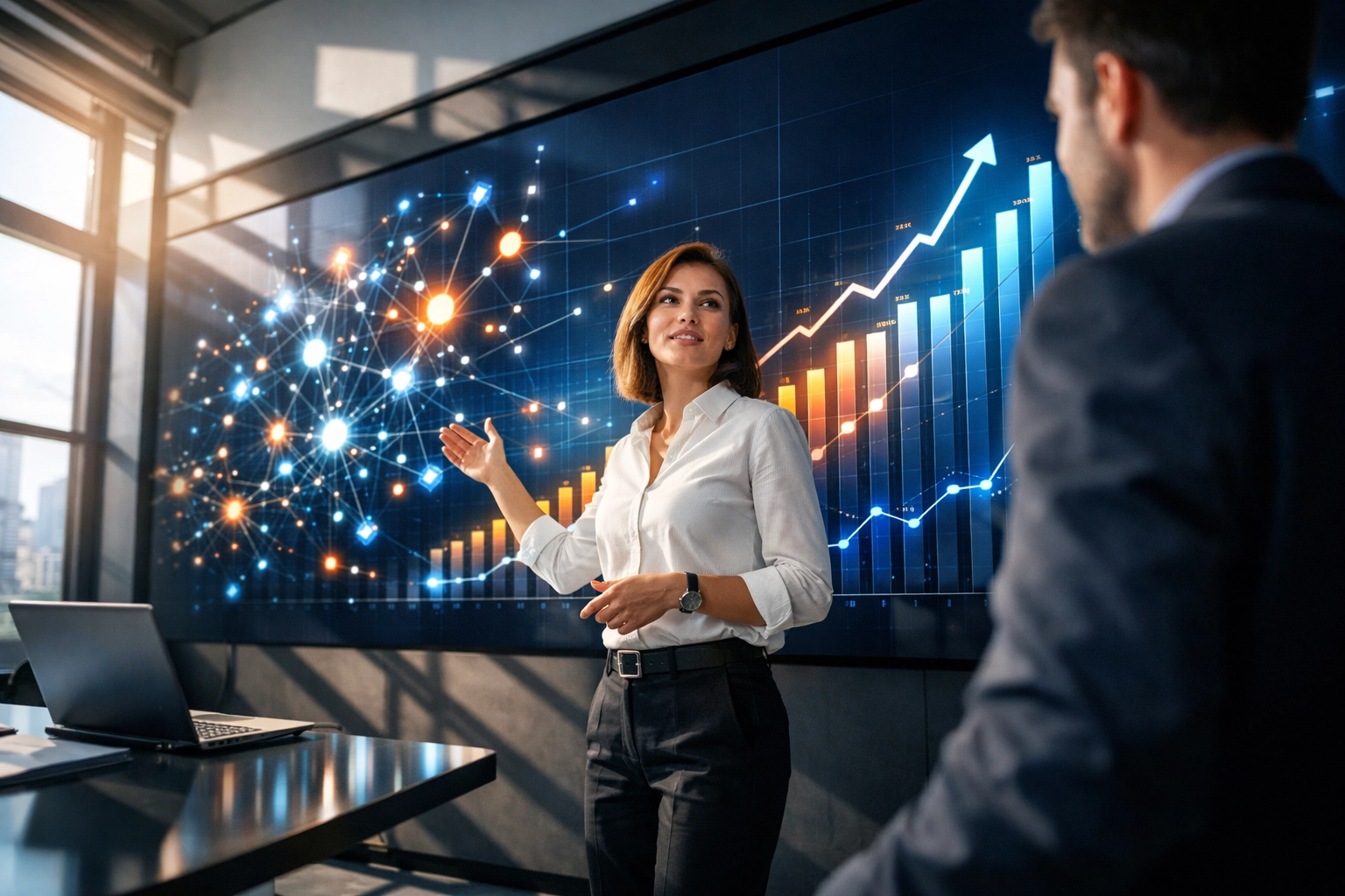 Executive analyzing a digital data dashboard to track skills-based competency and workforce growth.