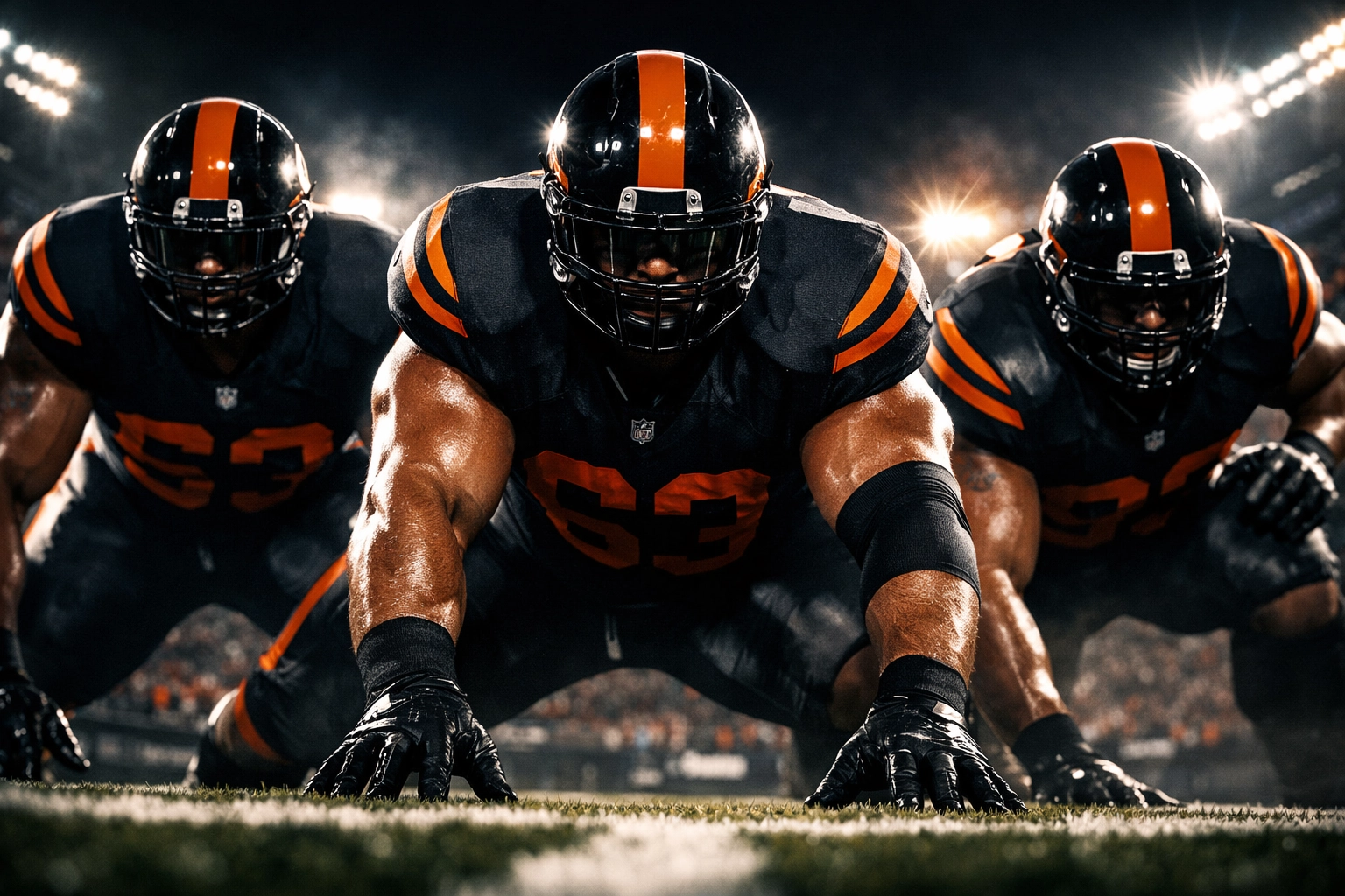 Interior defensive linemen in three-point stance at line of scrimmage during game