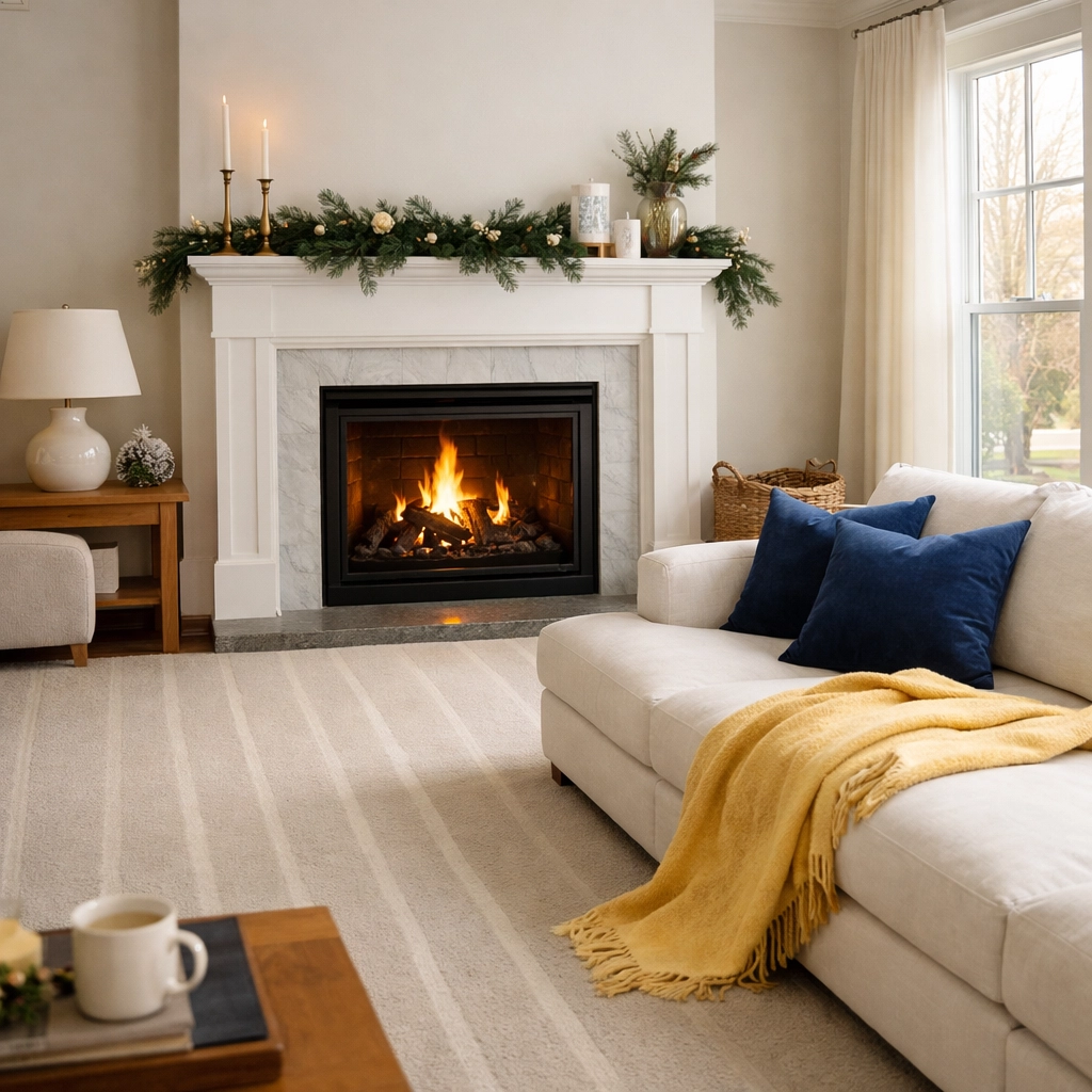 A clean, cozy Worcester living room with perfect vacuum lines after specialty cleaning services for the holidays.