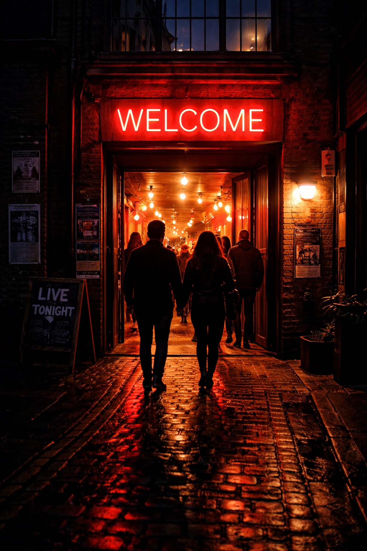 Entrance to Society, Leeds, glowing at dusk, inviting participants to a live poetry and creative arts event.