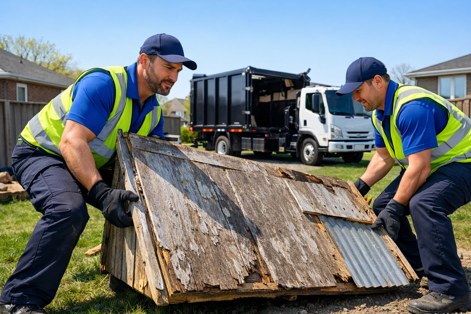 Junk GTA crew handling heavy lifting of a dismantled shed for a professional spring yard cleanup in Bradford.