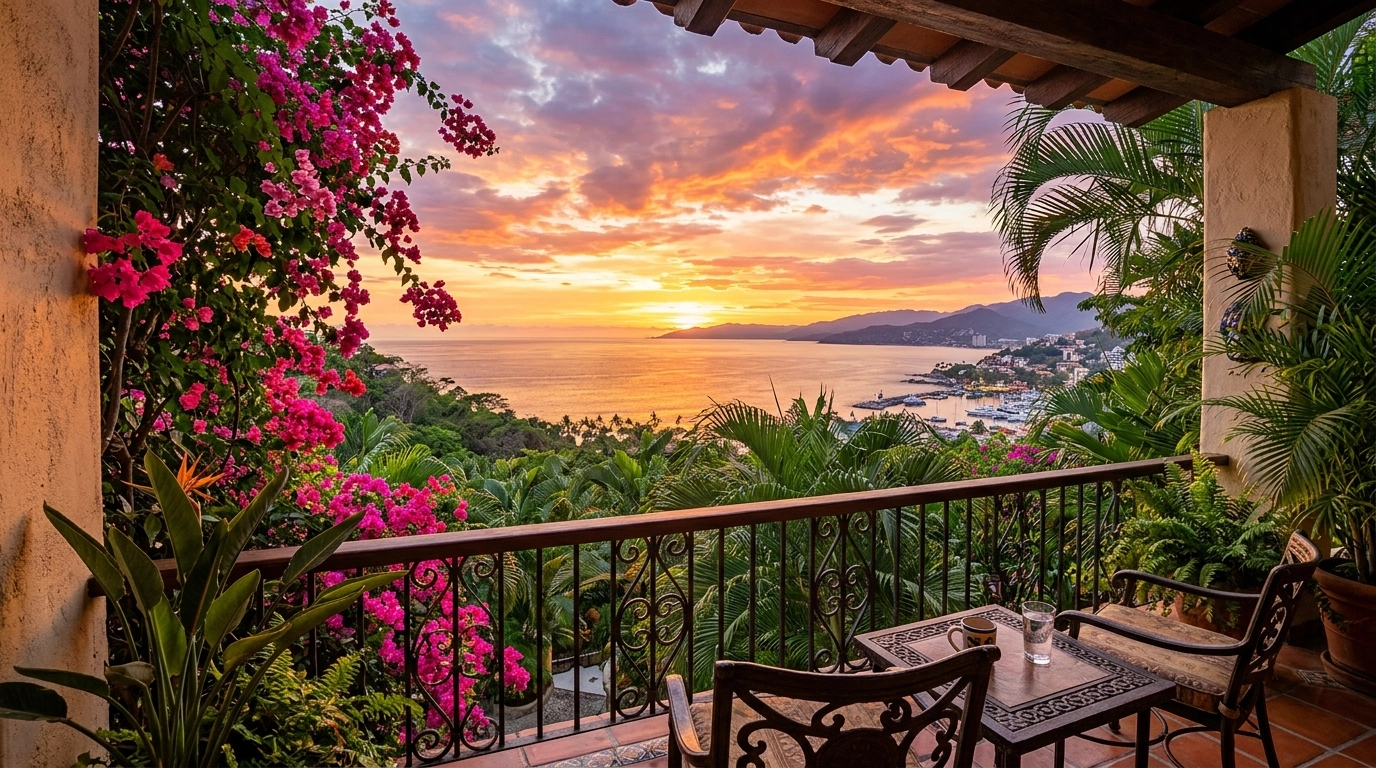 A stunning sunset view from an Amapas balcony framed by tropical flowers
