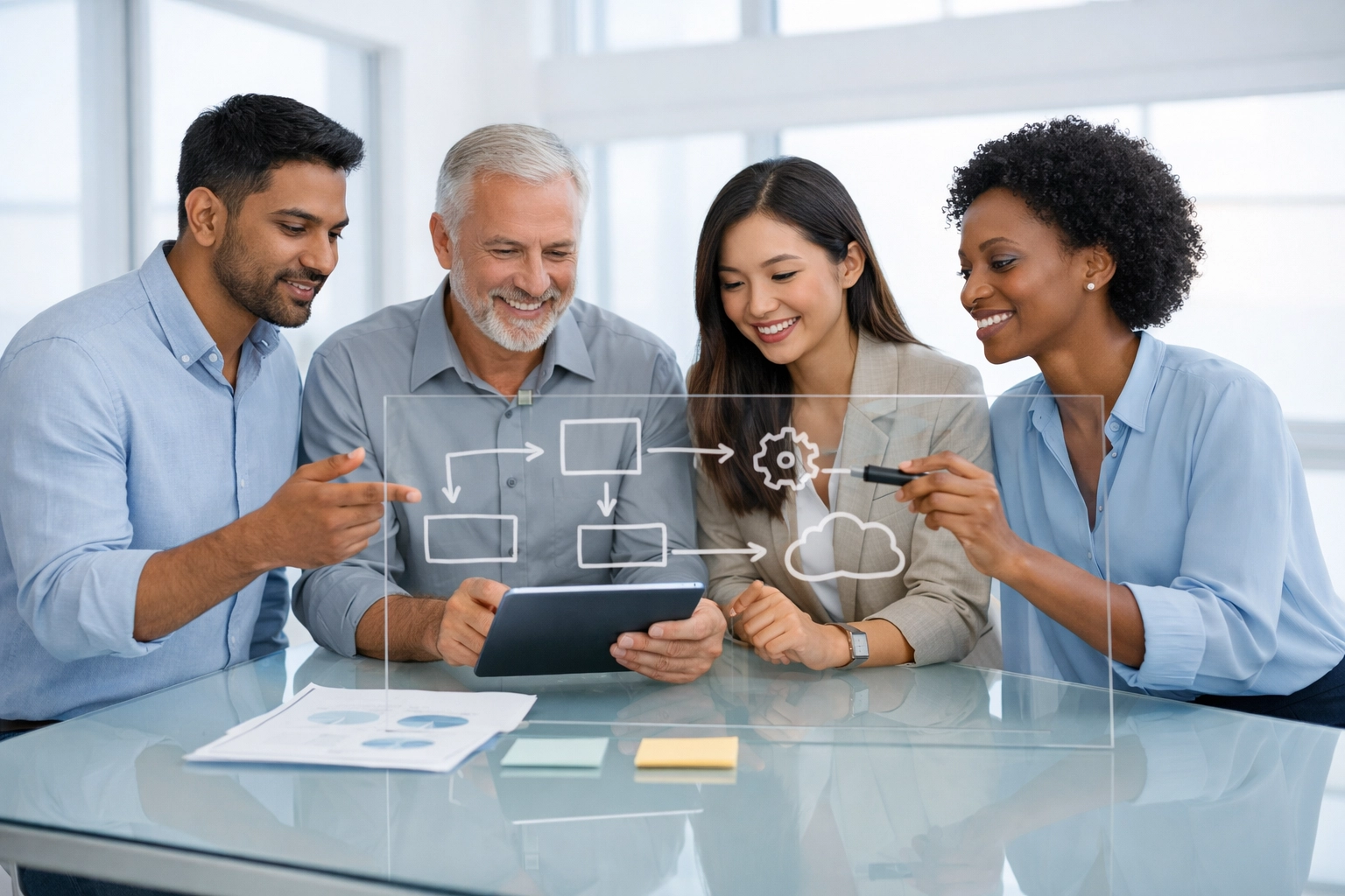 A collaborative team in a modern office mapping out business processes for a technical stack audit.