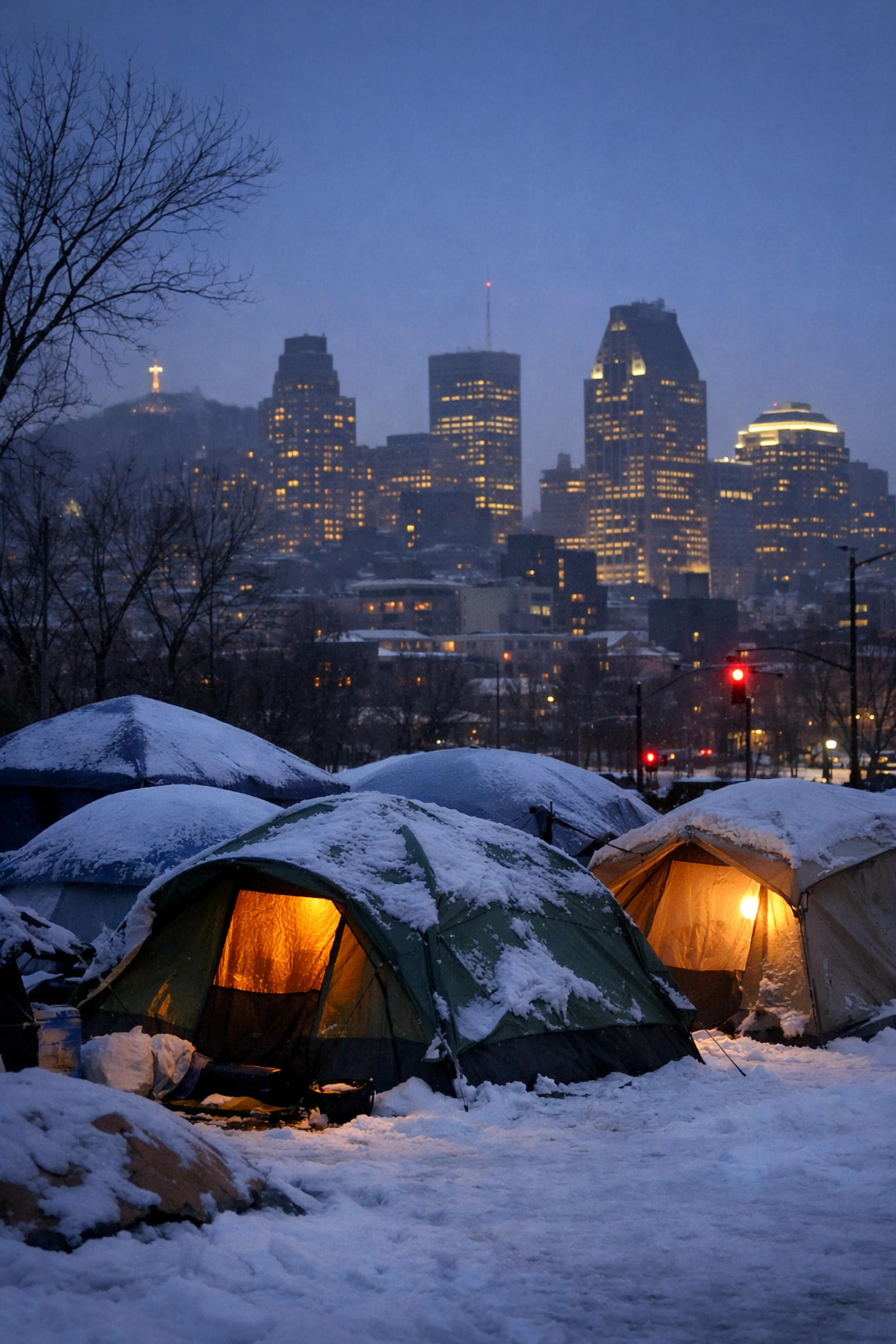 Winter homeless encampment in Montreal with downtown skyline at dusk