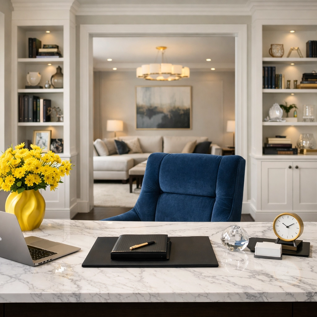 Organized luxury home office in Cambridge maintained by professional residential maid services.