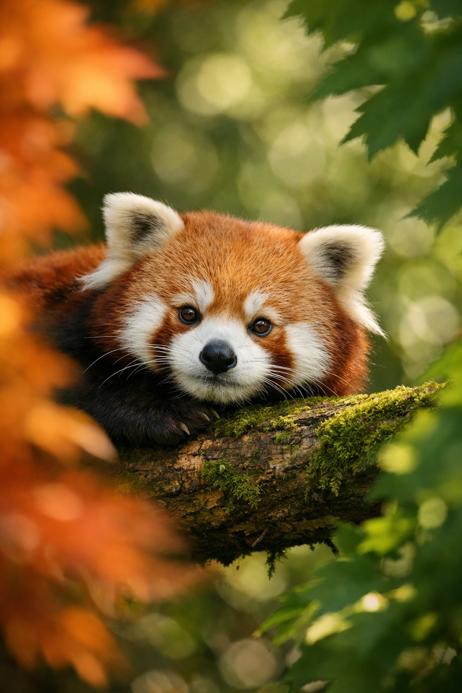 Wildlife photo of a red panda framed by foreground leaves for an intimate species spotlight connection.