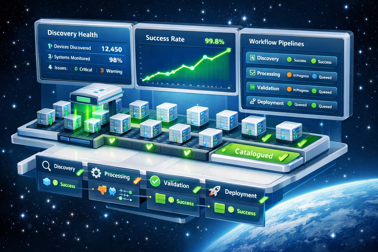 ServiceNow ITOM discovery health monitoring dashboard showing successful network scanning and metrics