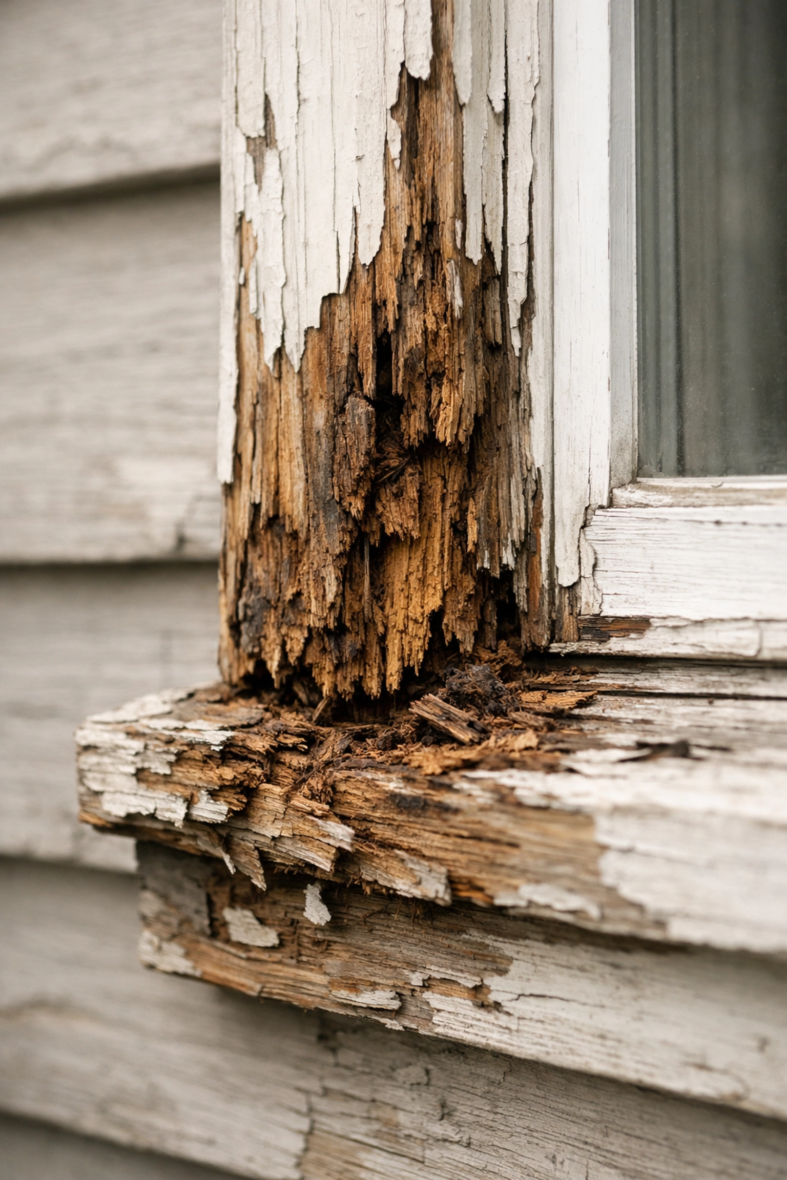 Wood rot damage on exterior window trim requiring repair before painting Atlanta home