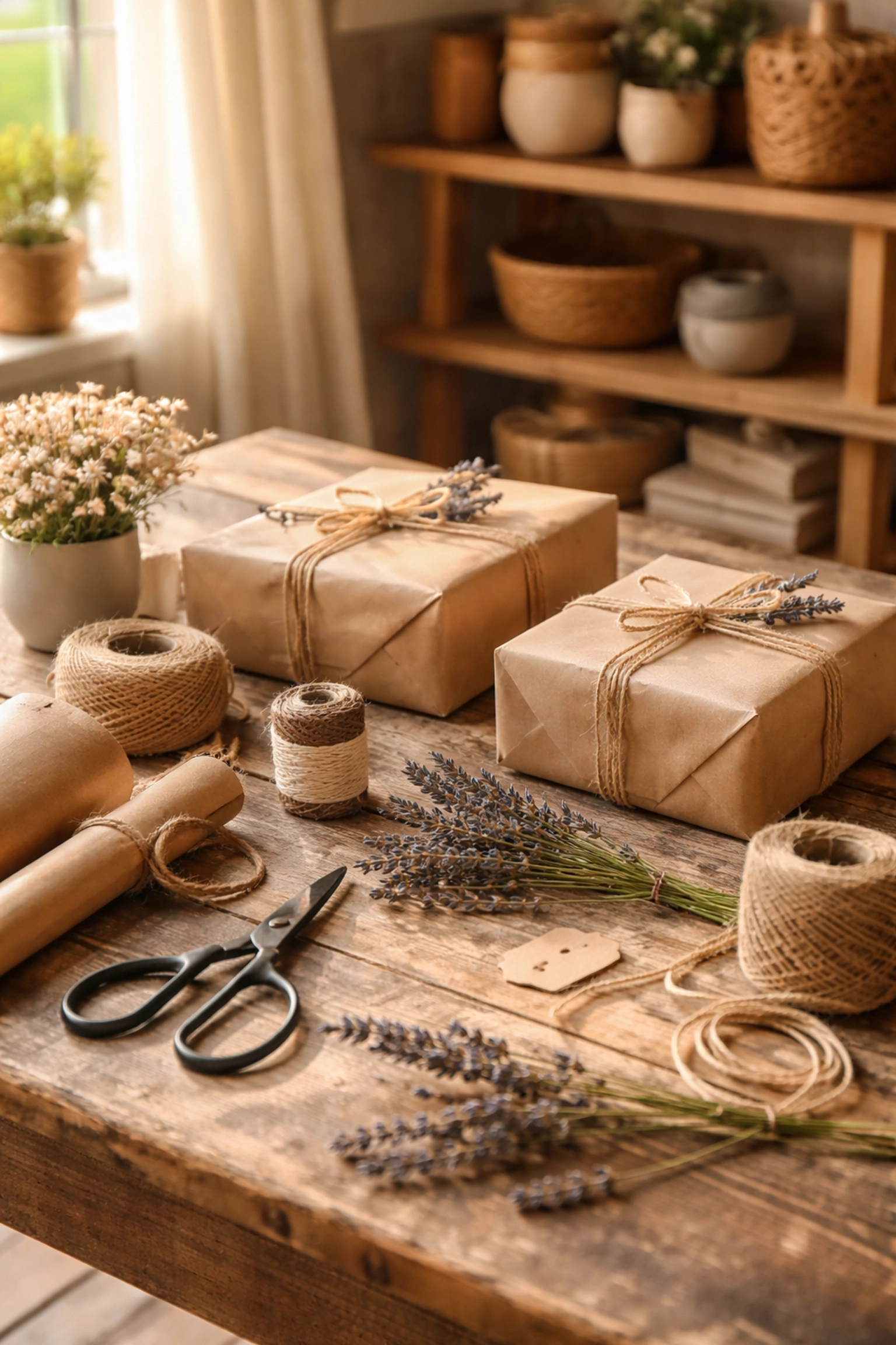 Rustic gift-wrapping station with natural materials, ideal for unique, handcrafted present inspiration.