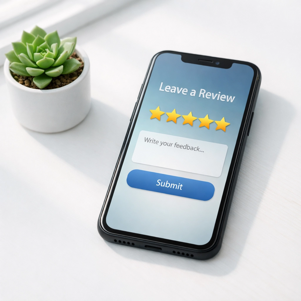 Smartphone displaying five-star review rating interface for customer feedback collection