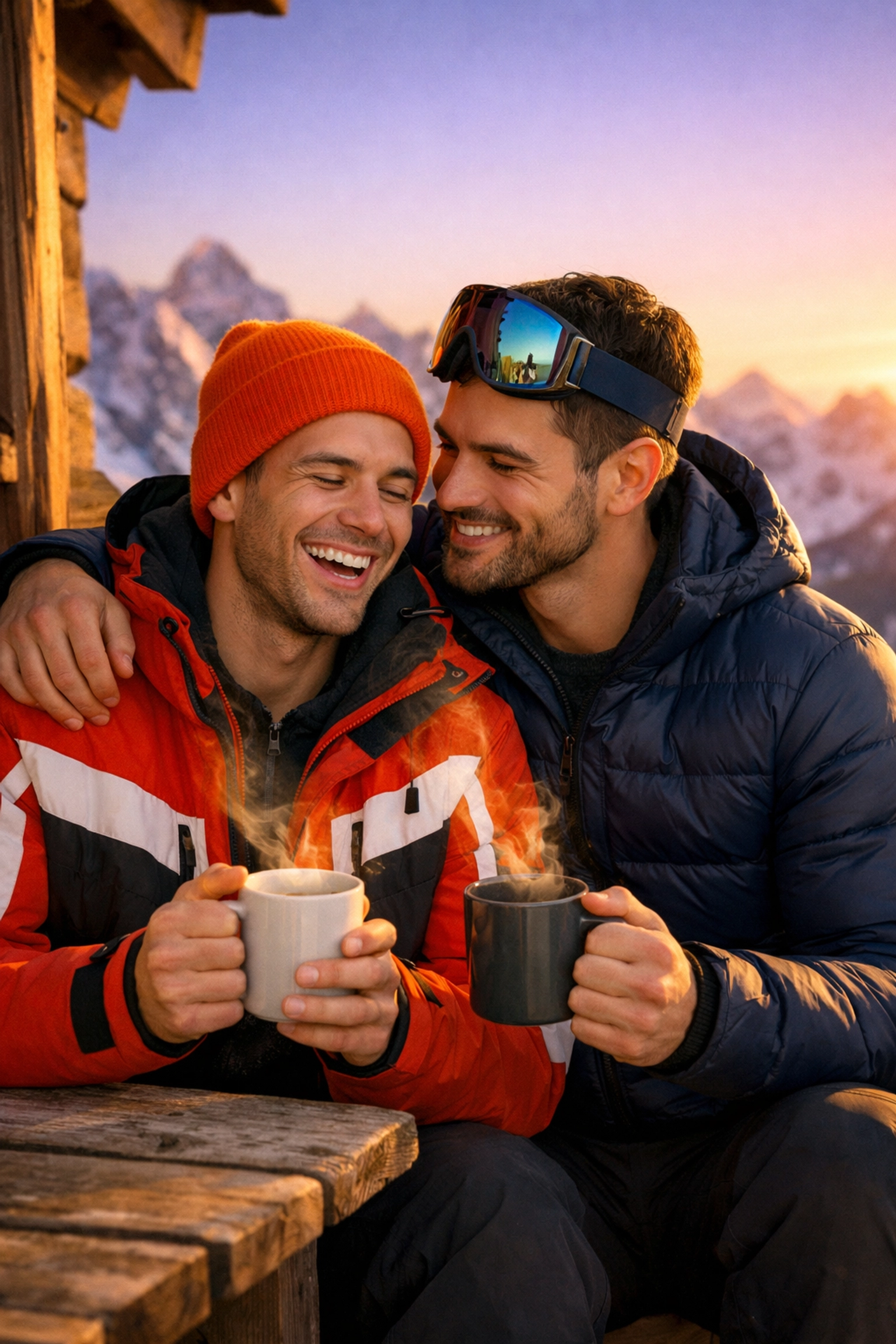 Two gay men in colorful ski gear enjoying warm drinks on a sunny mountain terrace at sunset.