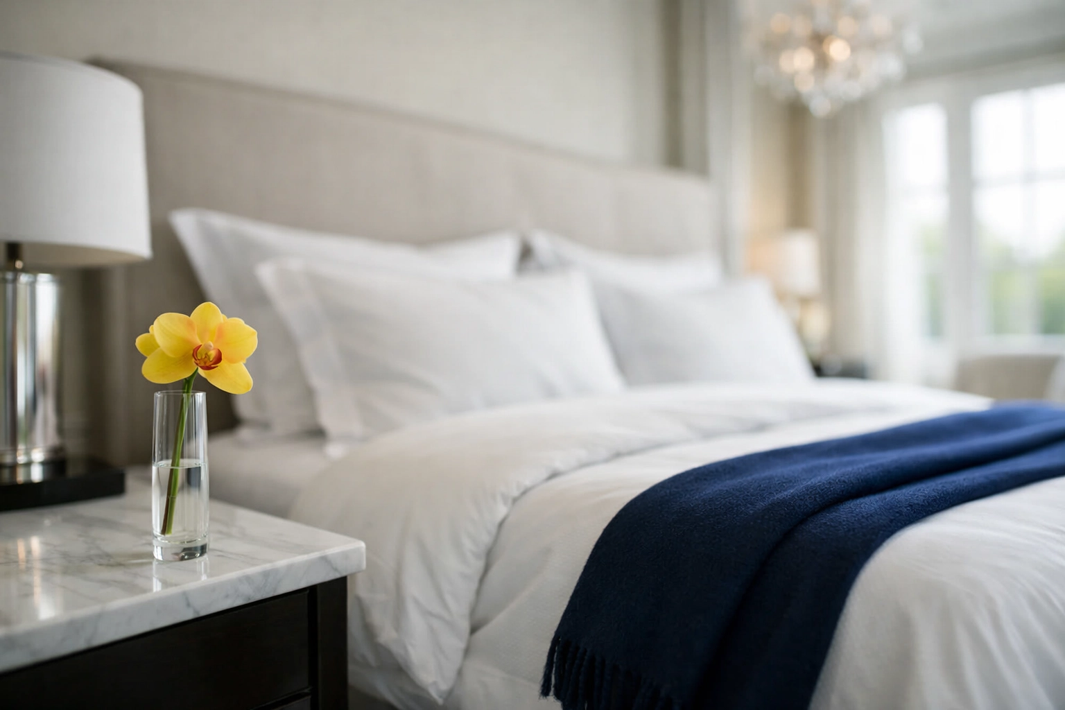 Pristine master suite with organized decor and fresh linens after professional luxury house cleaning in Andover.