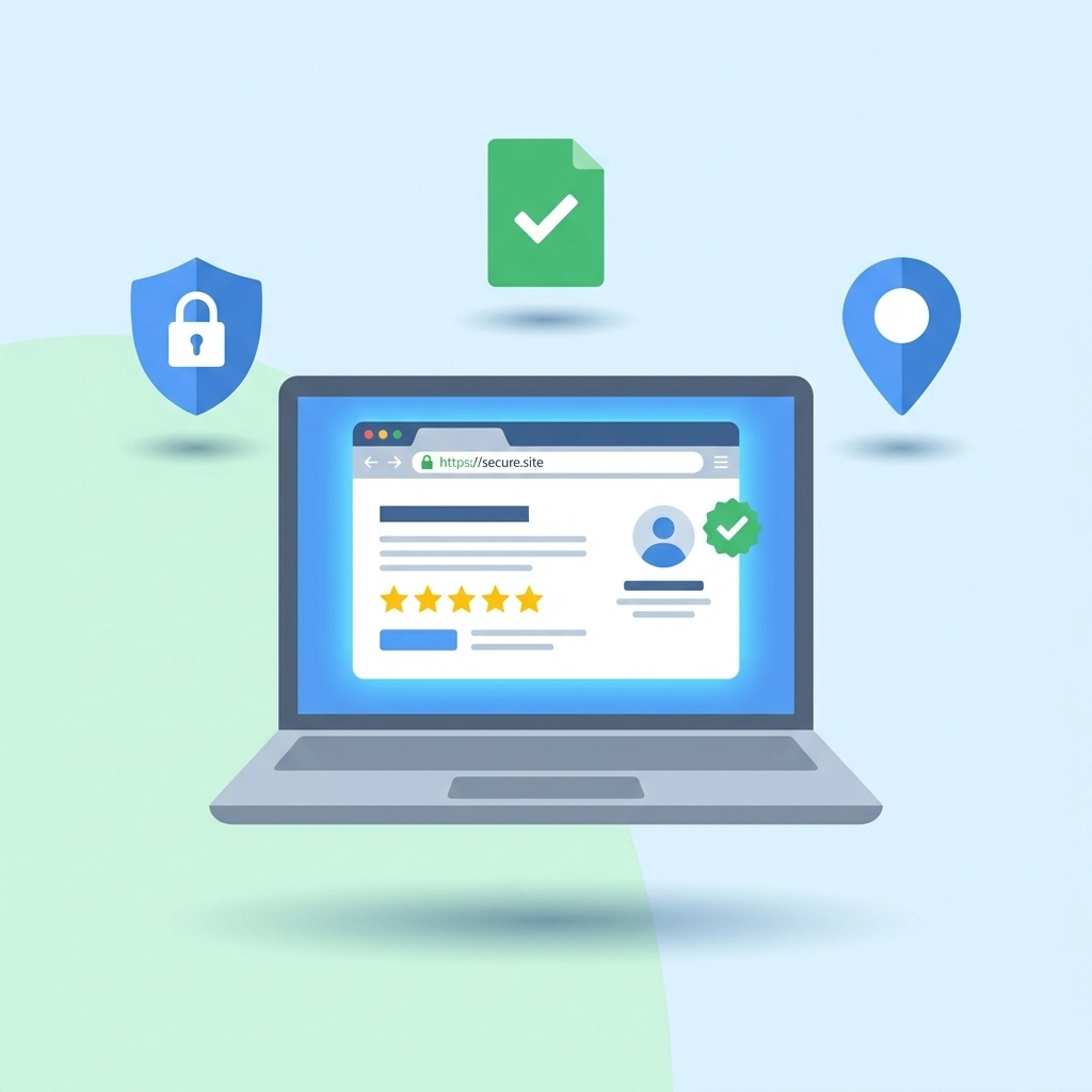 Laptop with padlock, five-star rating, and verified badge showing how Venice business websites build trust and transparency for better Google rankings.