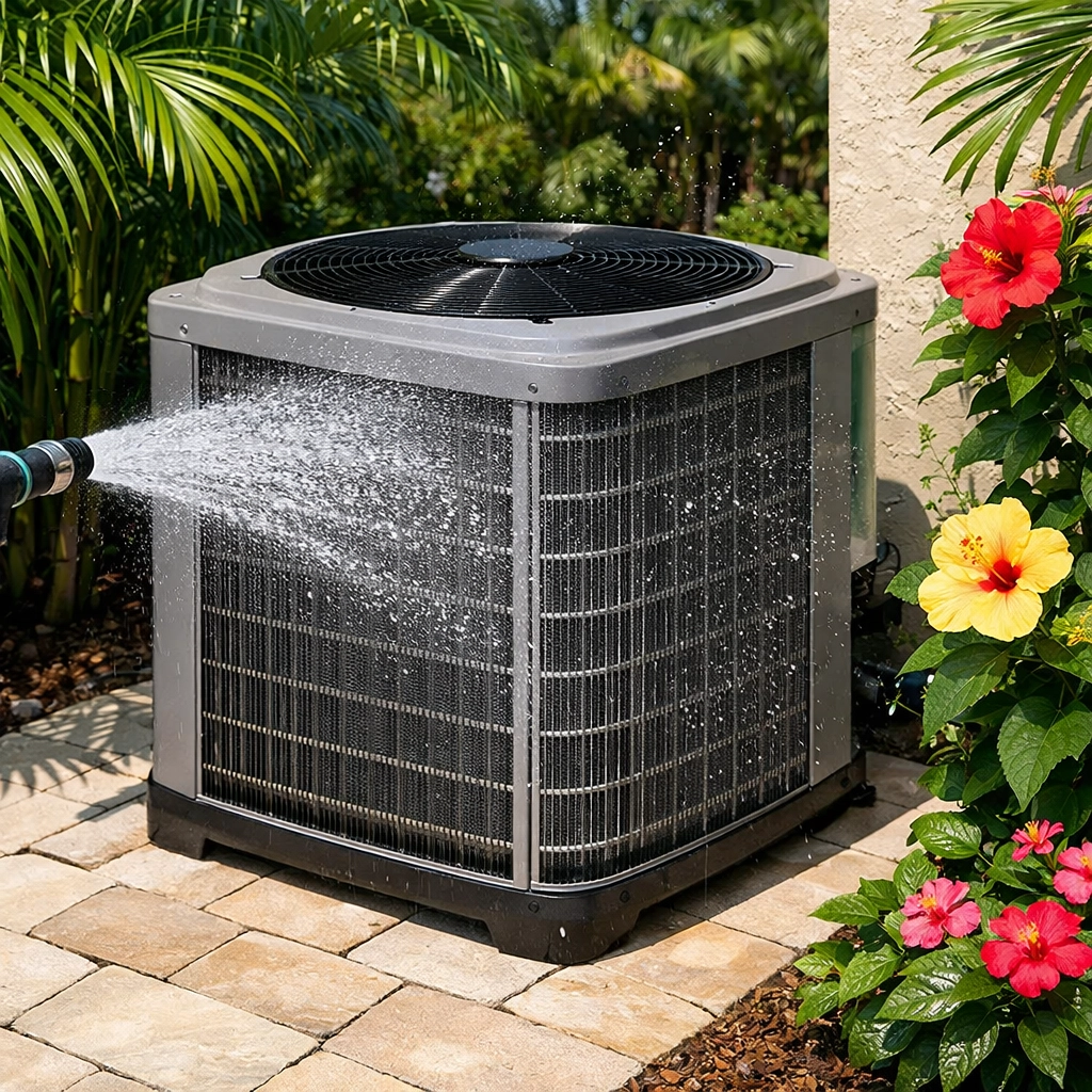 Cleaning debris from an outdoor AC condenser unit in Southwest Florida.