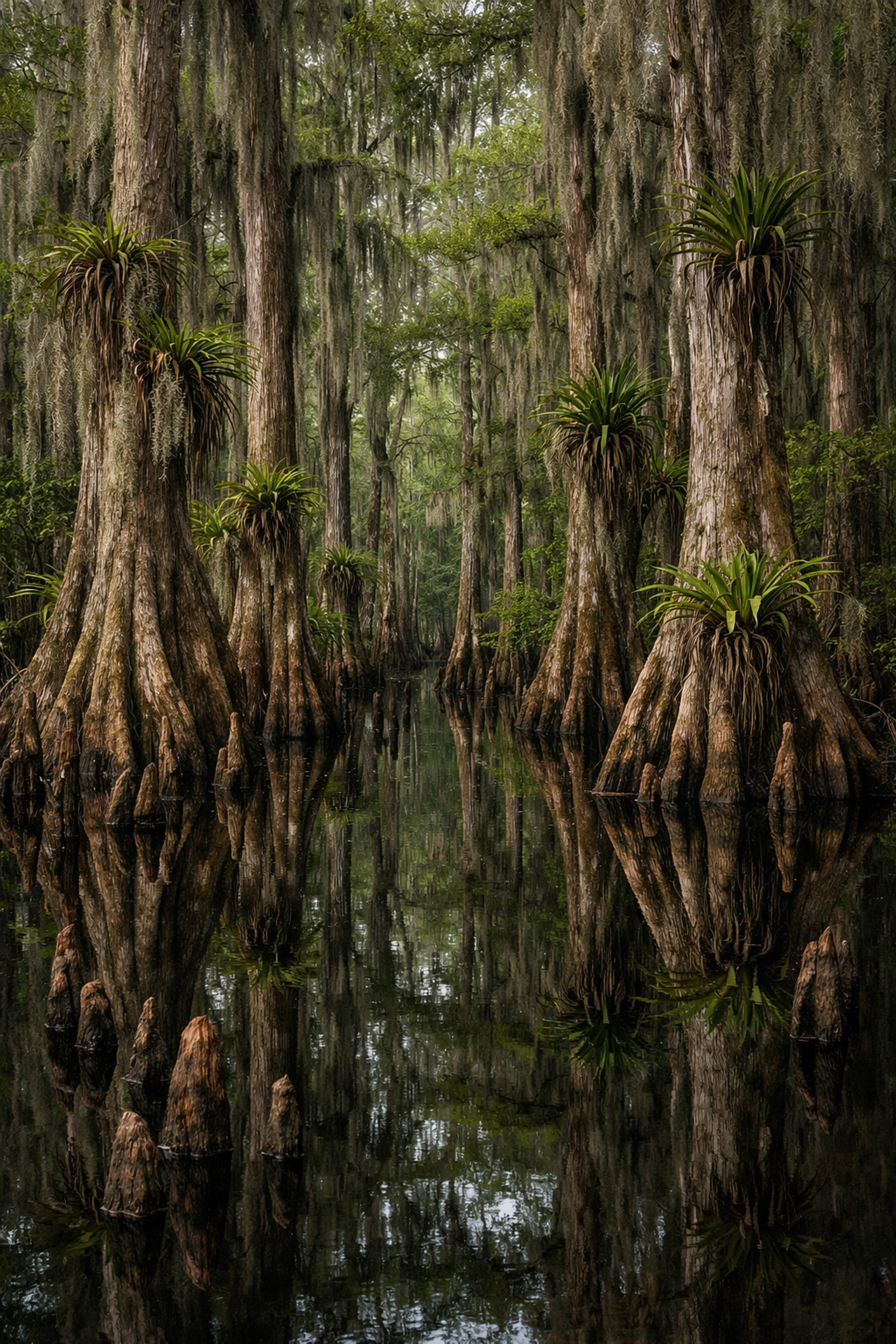 Reflections of cypress trees in the Fakahatchee Strand, a moody landscape photography Everglades spot.