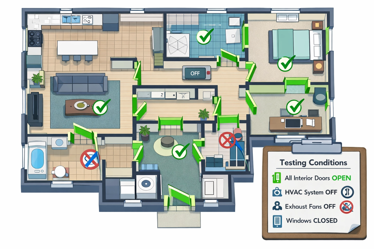 Floor plan showing Florida building code duct testing preparation with open doors and sealed registers