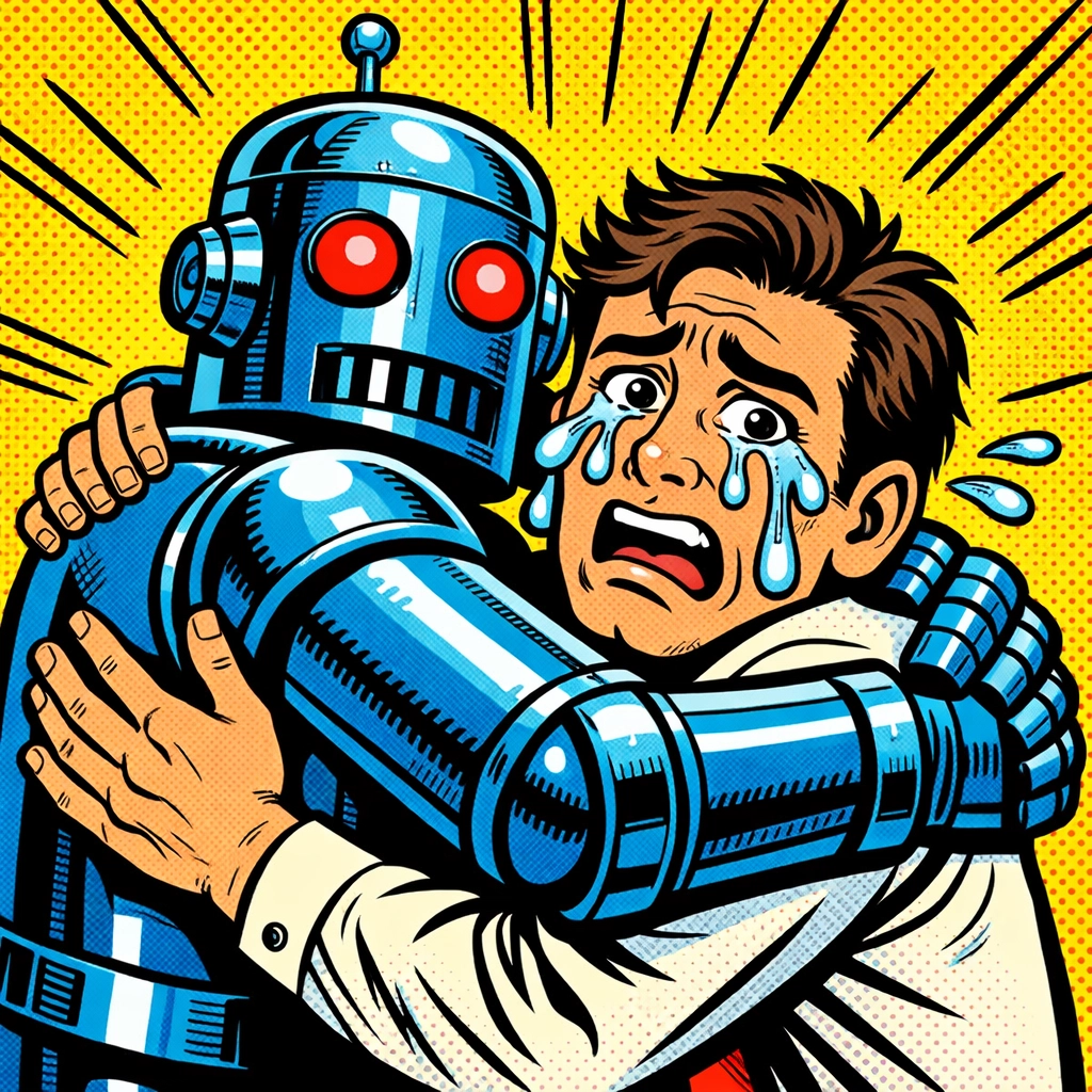 An awkward robot hugging a crying customer, showing the danger of over-automating human business interactions.