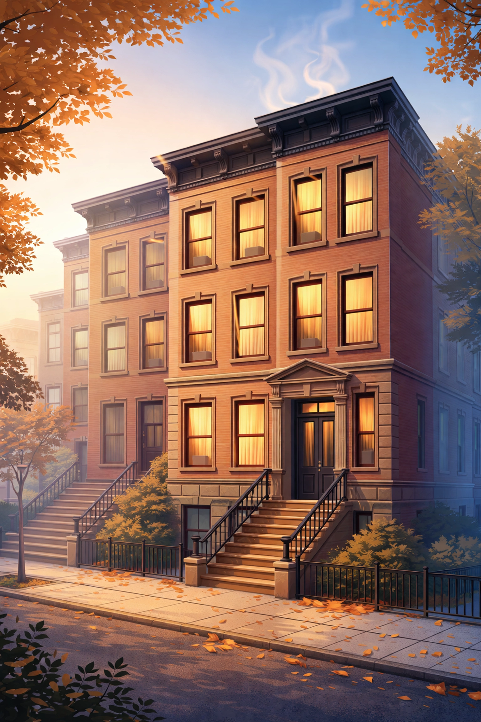 Brooklyn brownstone building in early autumn, showing radiators and steam, symbolizing NYC Heat Season laws