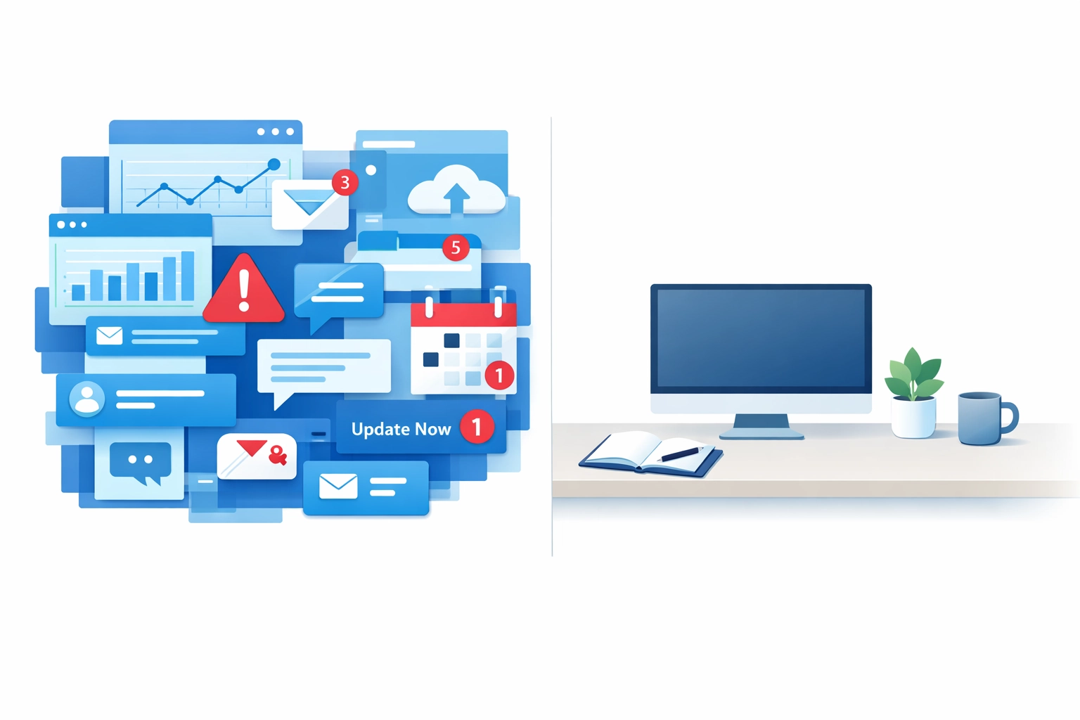 Comparison of cluttered marketing tools versus organized essential digital marketing software