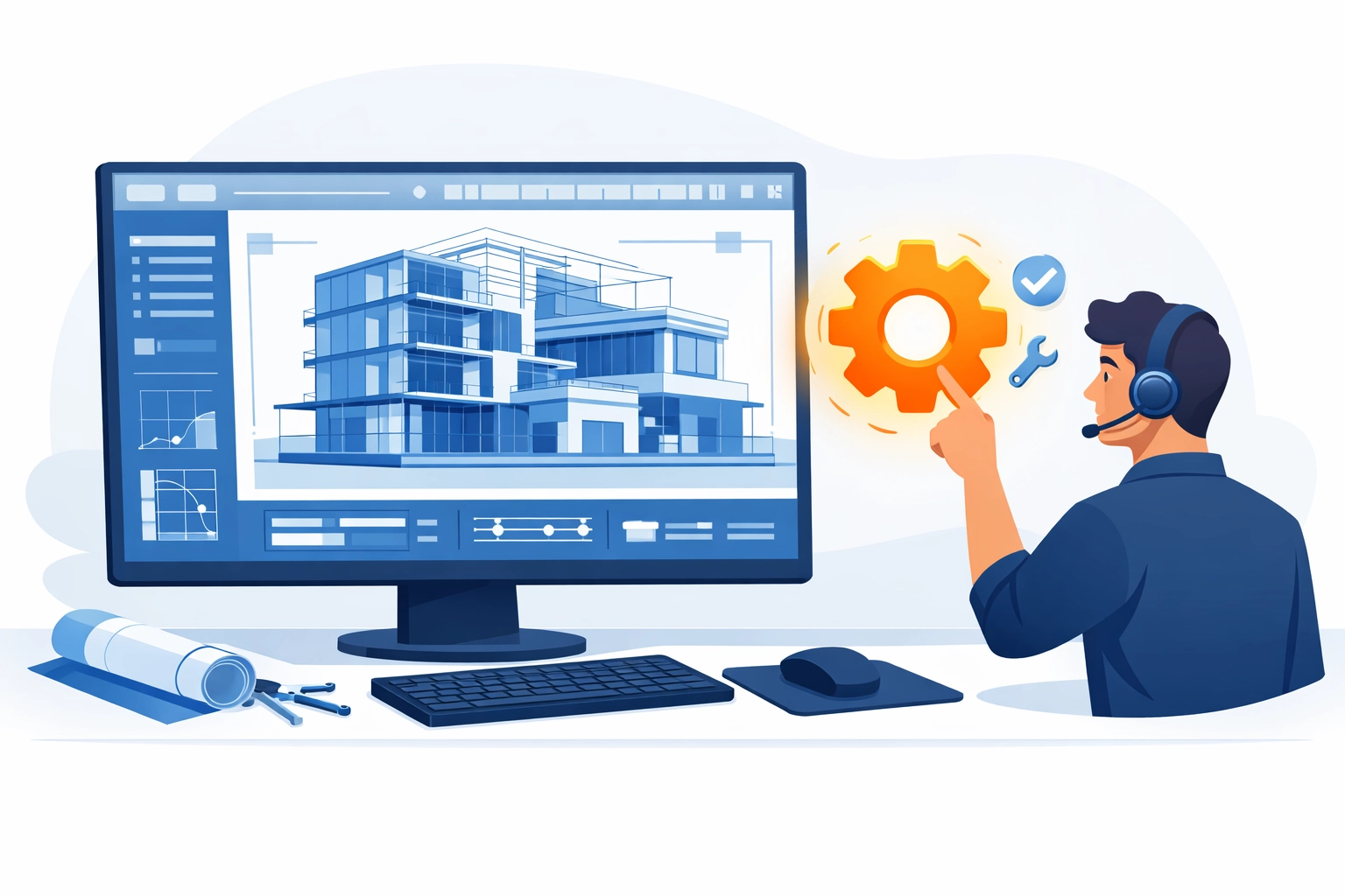 Engineering IT expert resolving software issues on a workstation with a 3D architectural blueprint.