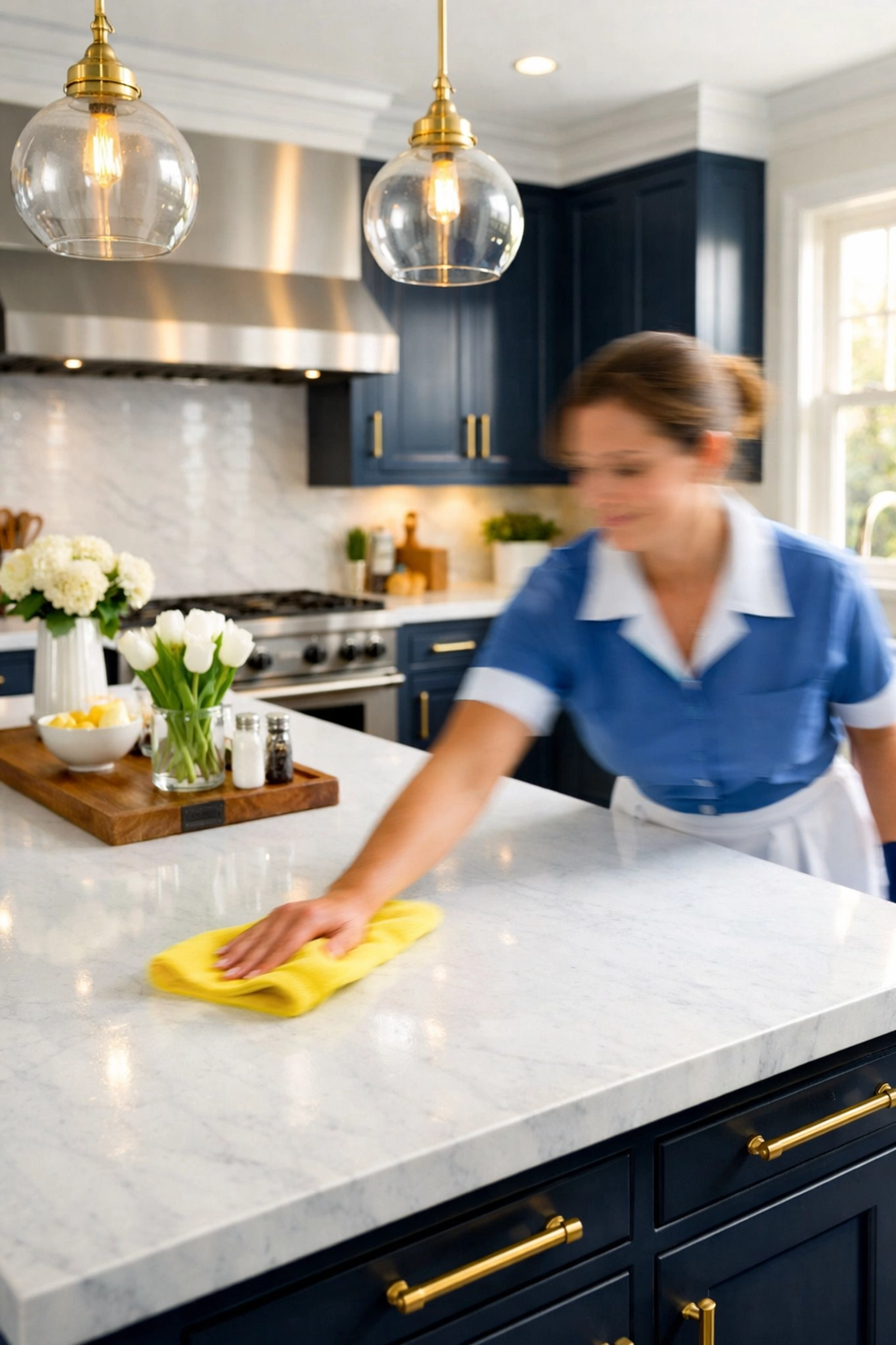 Professional cleaners Millbury MA performing weekly house cleaning on a modern marble kitchen island.